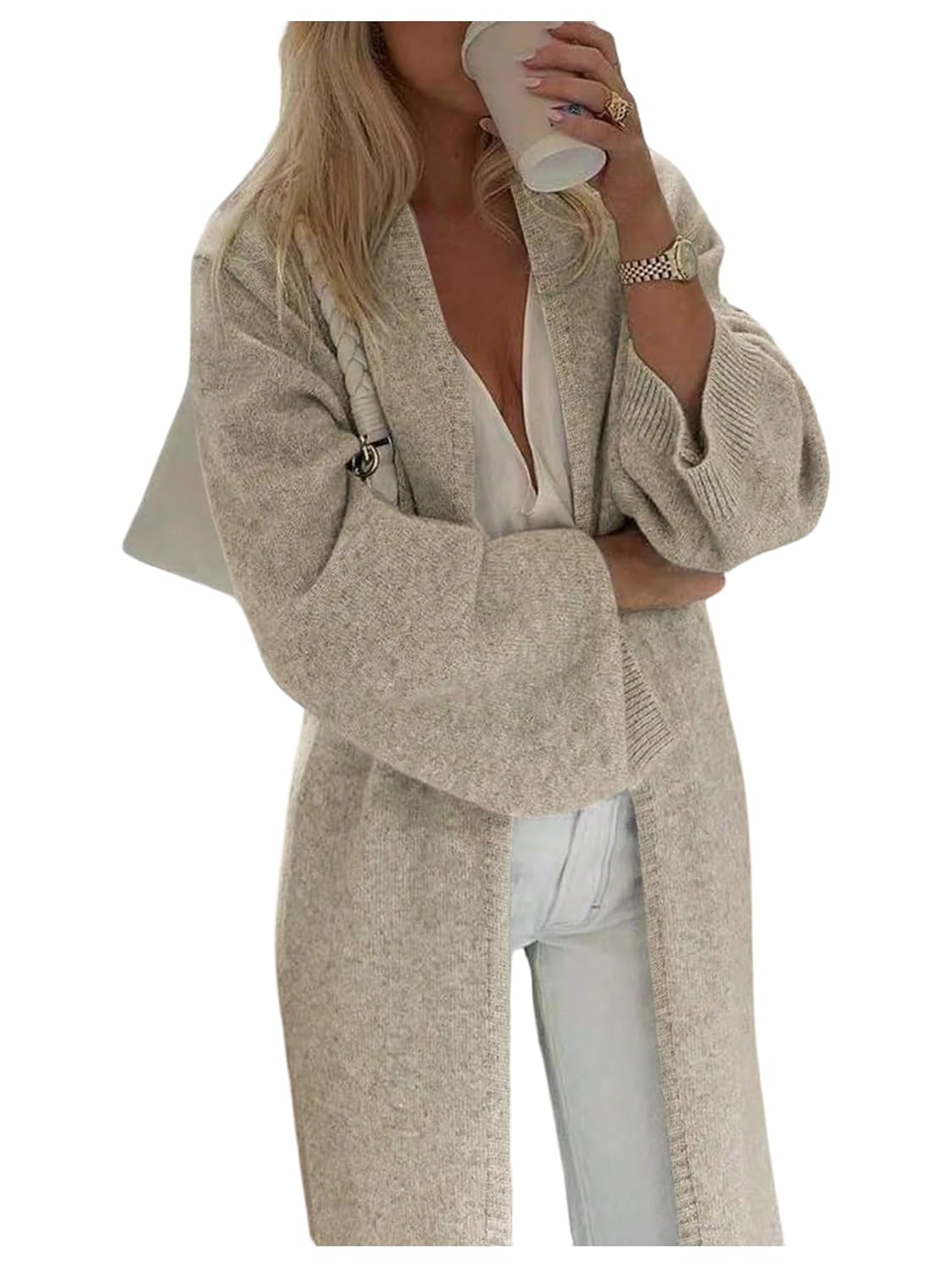WDIRARA Womens Open Front Cardigan Sweaters Long Sleeve Chunky Knit Outerwear