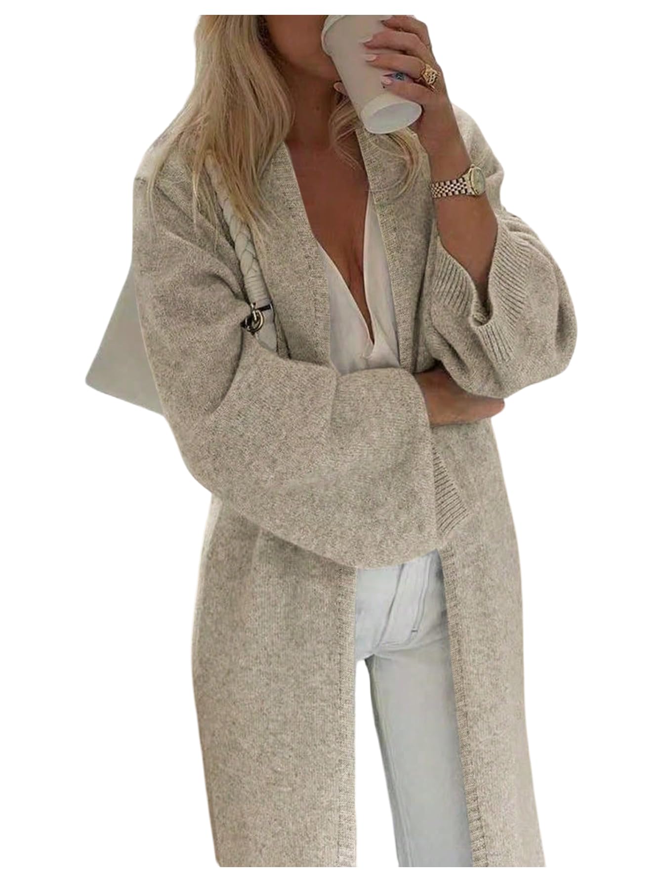 WDIRARA Womens Open Front Cardigan Sweaters Long Sleeve Chunky Knit Outerwear