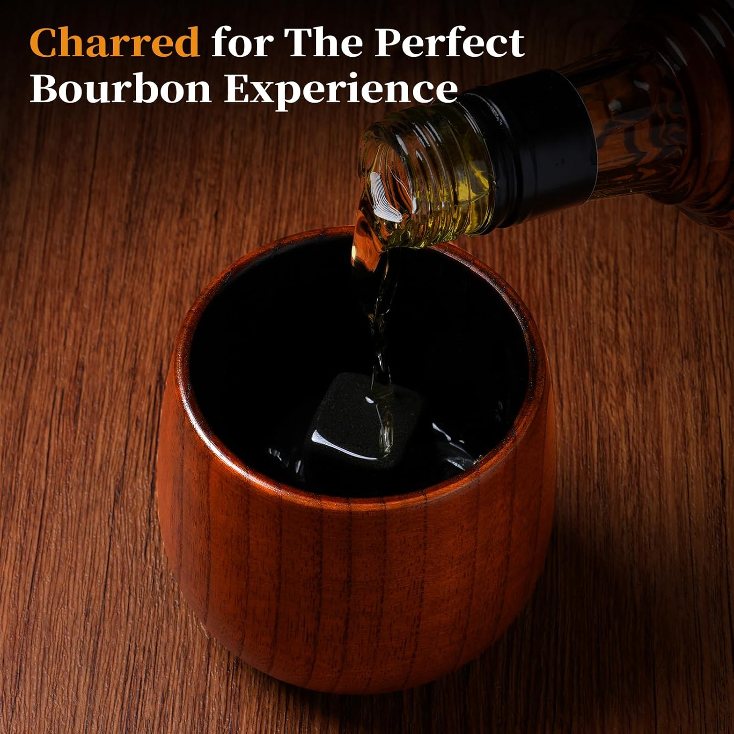 10Oz Large Charred Wooden Bourbon Drinking Glass, Include 3 Ice Whiskey Rocks, The Original Wood Whiskey Cup, Old Fashioned Drink Tumblers, Gift for Men, Dad, Husband, Brother, Friends