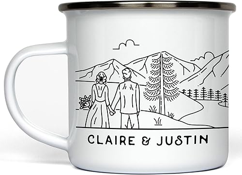 Taza esmaltada personalizada para novia y novio, regalo de recuerdo de compromiso, boda o aniversario para parejas al aire libre (pareja 4)