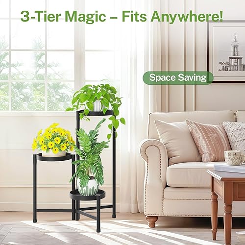 Miniatura 7 de iDavosic.ly Soporte para plantas de 3 niveles para interiores y exteriores de fácil armado, estantería plegable alta de metal para exhibición de