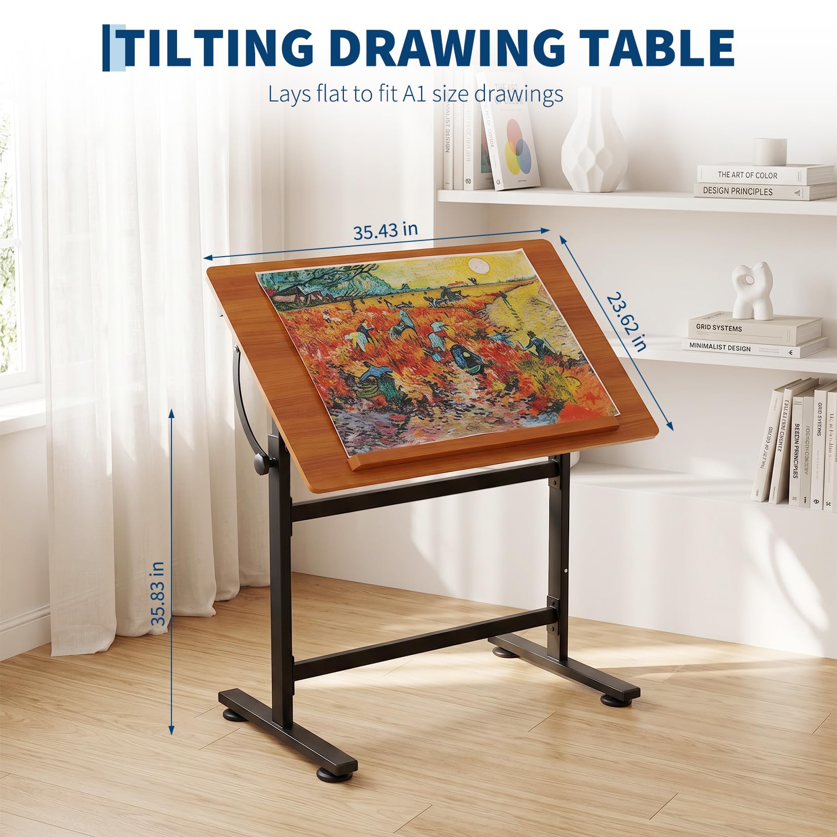 Table à Dessin Inclinable 0°-90° avec Acier Bois, Bureau à Dessin Inclinable avec Finition Noyer, Grand Plateau Antidérapant, Convient pour un Bureau à Domicile, un Studio ou un Usage Professionnel