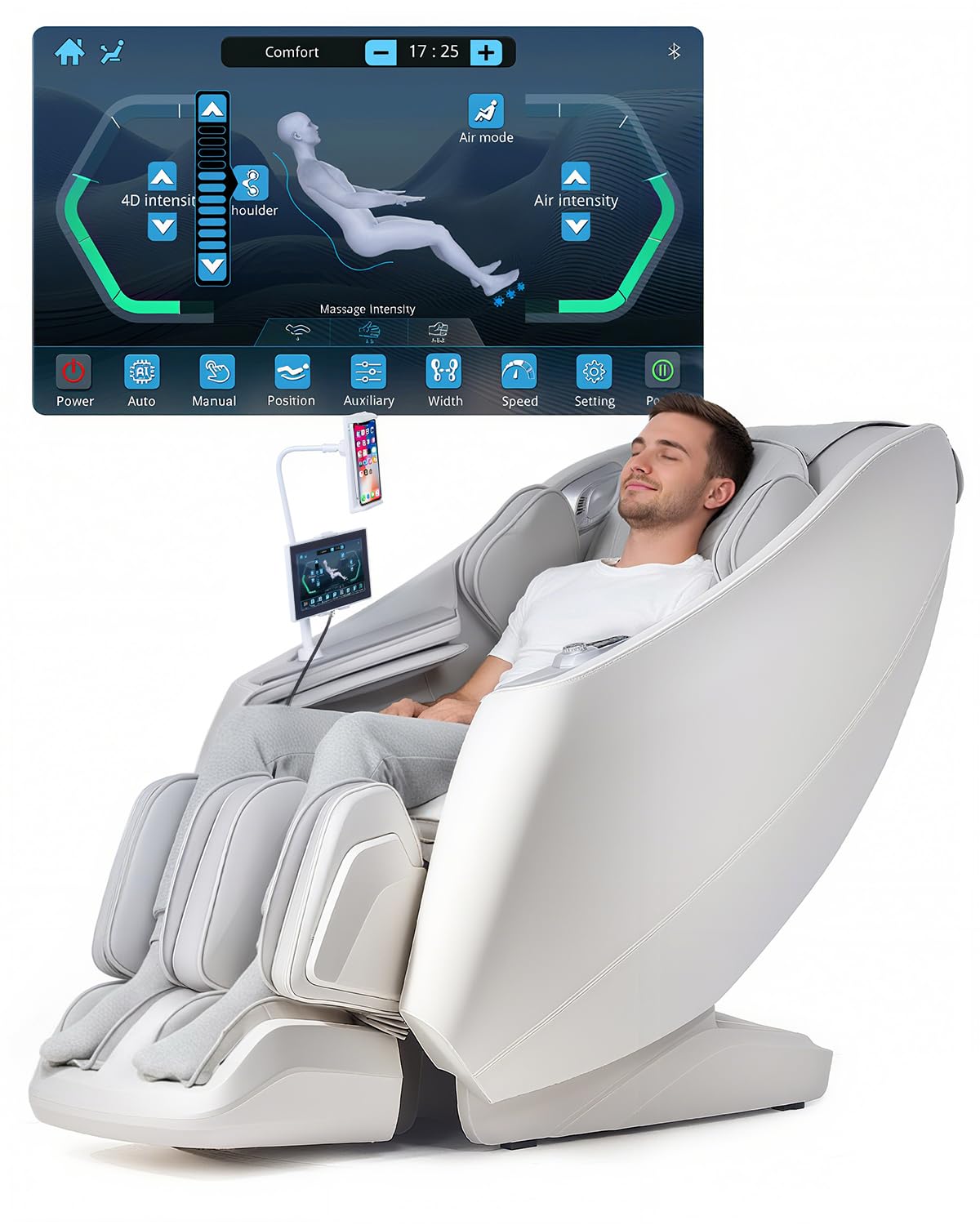 Sillón de Masaje Corporal Completo con Pantalla táctil (Blanco) | masaje 4D, gravedad cero, riel SL, función de calefacción para pantorrillas y espalda, asiento de masaje Shiatsu