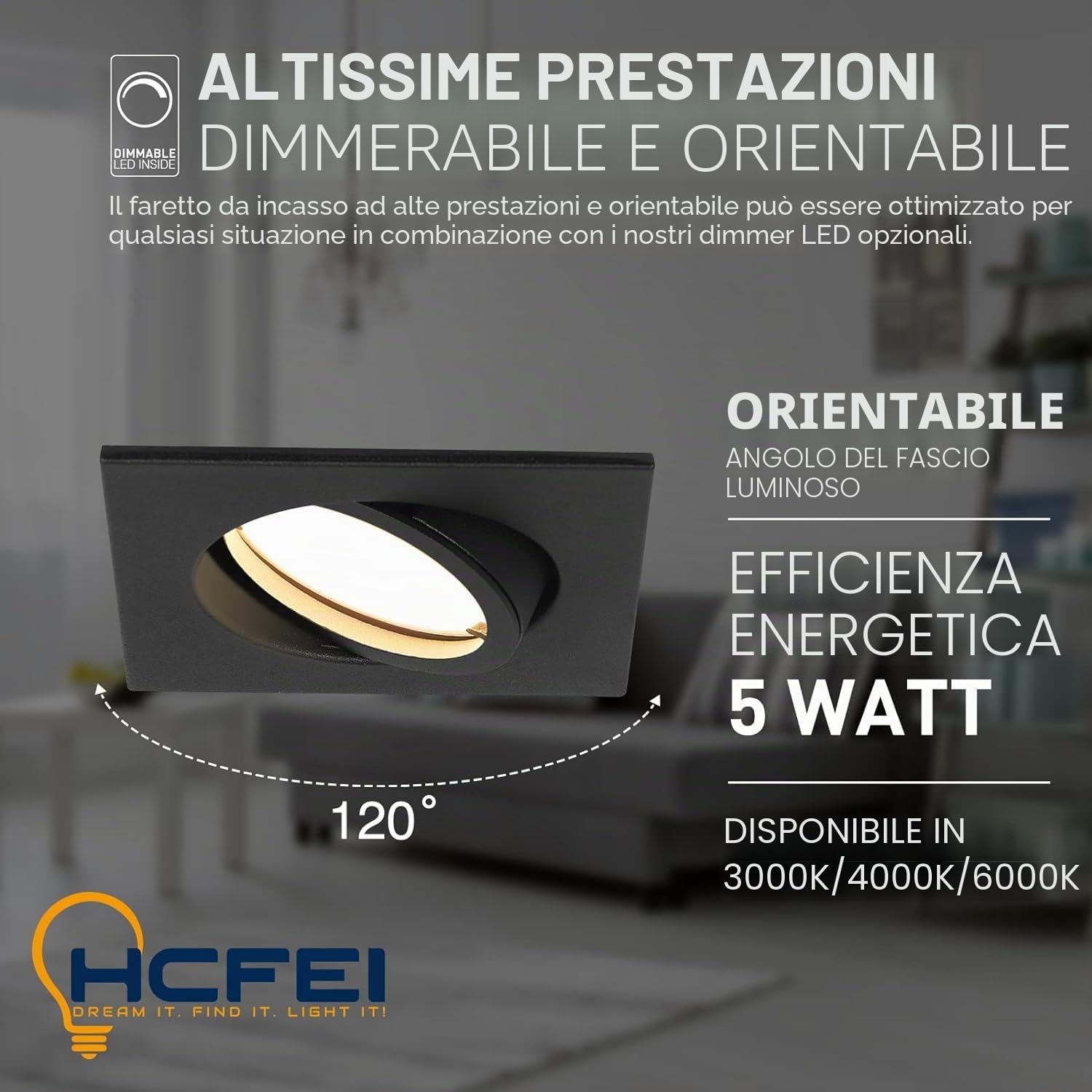 HCFEI Faretto da incasso a LED ultra piatto, 425 lumen, 230 V, 5 W, dimmerabile, alloggiamento angolare, orientabile, nero (10 pezzi, bianco neutro)