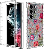 Vista 6 de Funda para Galaxy S23 Ultra, Samsung S23 Ultra S918U con protector de pantalla de vidrio templado, funda protectora de TPU transparente floral