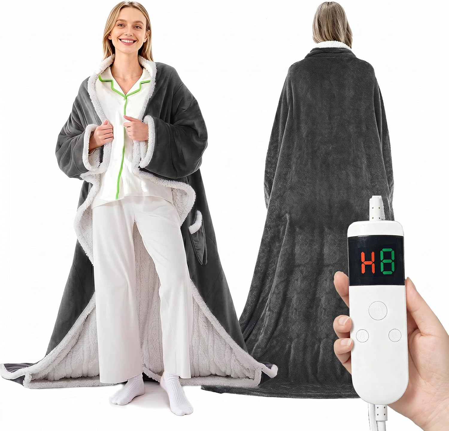Wearable Heated Blanket With Sleeves & Foot Pocket, Heated Throw Blankets Fast Heating Blanket With 10 Heat Settings Auto Shut Off Over-Heat Protection-Warm Gift, Machine Washable, 52”*72”+18”
