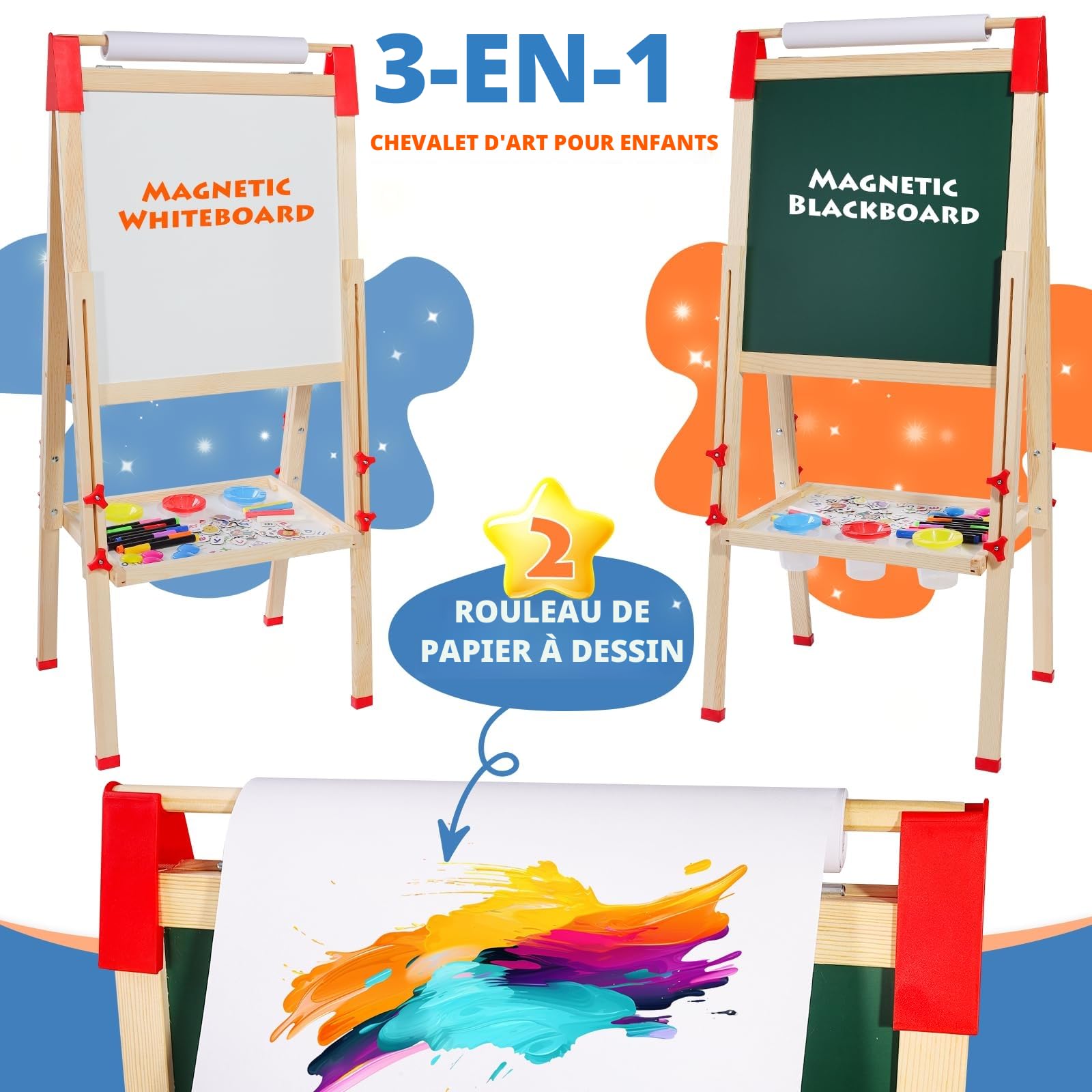 Chevalet Enfant Double Face en Bois avec Rouleau à Papier - Tableau Blanc & Noir Réglable - Cadeau Anniversaire Fille Garçon (Accessoires Inclus)