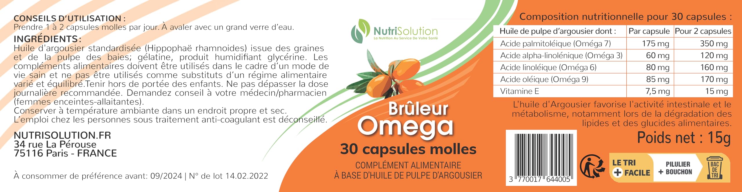 Nutrisolution - Brûleur de Graisses Oméga - Complément Alimentaire Minceur Énergétique à l'Huile d'Argousier pour Favoriser Perte de Poids Naturelle - Made in France - 30 gélules