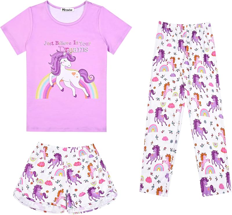 Conjunto de pijamas Mirawise para meninas, 3 peças, algodão e elastano, 4 a 13 anos