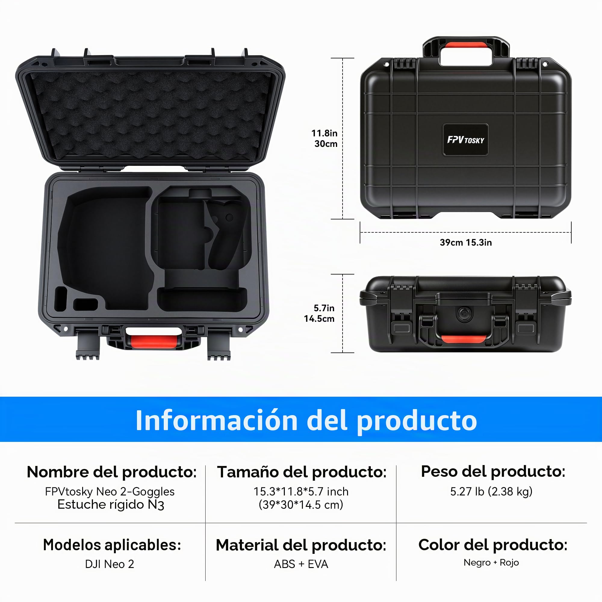 FPVtosky Maleta Rígida para dji Neo 2, Goggles N3, RC N3, RC Motion 3 | Cabe Cargador y 6 Baterías, Resistente, Impermeable, Carcasa ABS rígida + Espuma EVA a Medida. Protección Total.