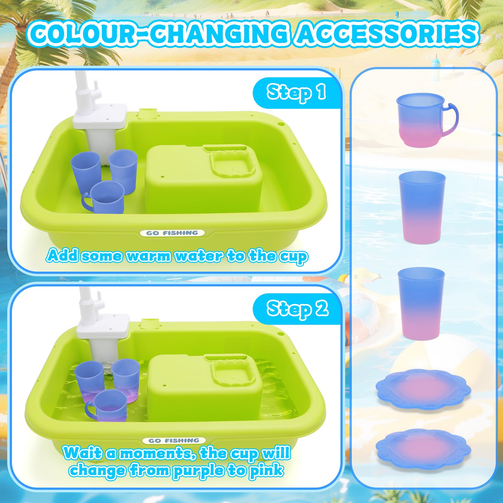 deAO 4 IN 1 Juego de Mesa de Arena y Agua, Multifuncional Electrico Fregadero Cocina Juguete, Pesca, Vajilla que Cambia de Color, Accesorios de Cocina, Juguetes para Exterior Regalo para Niños 3+ Años