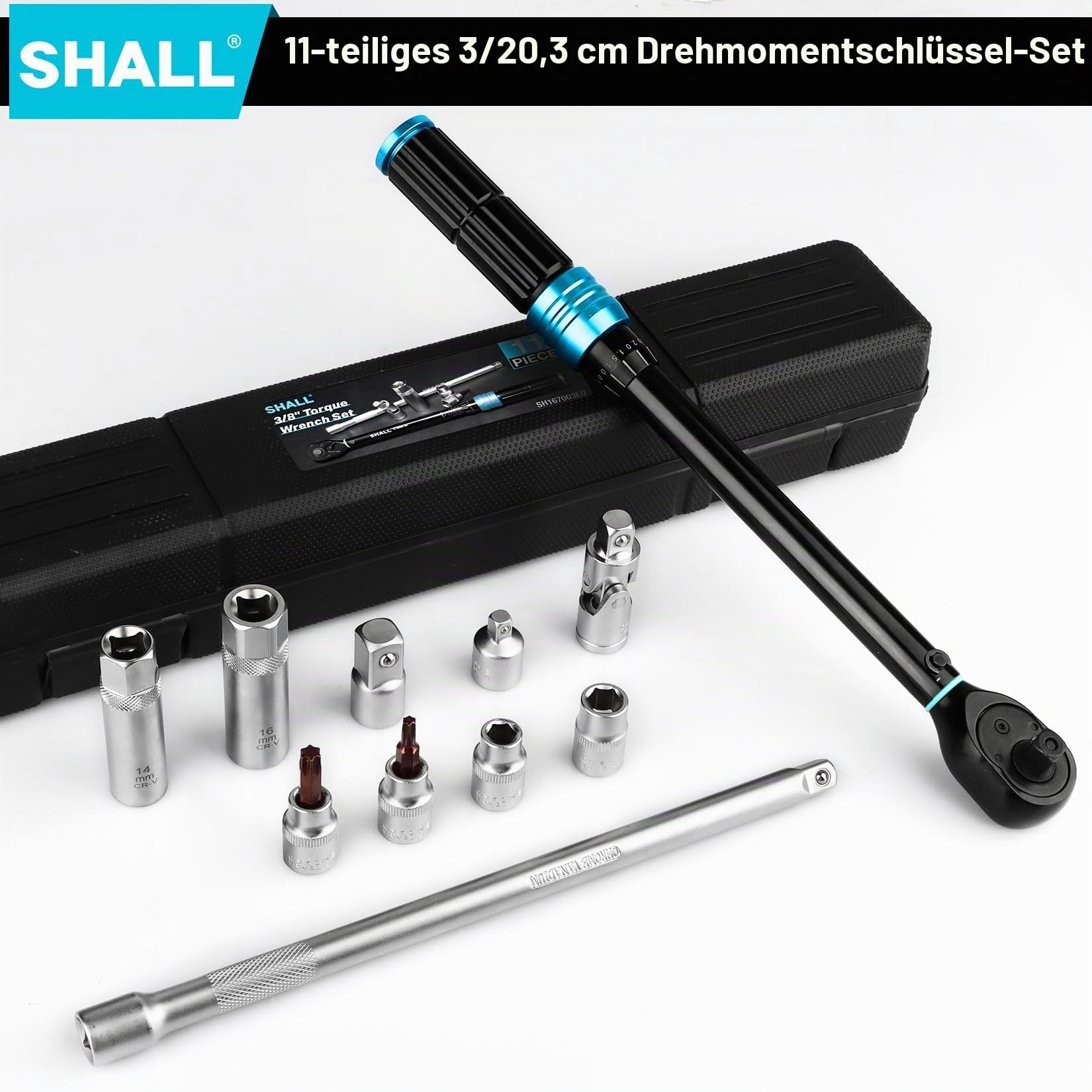 Shall 11-teiliger 3/8-Zoll-Drehmomentschlüsselsatz (5–60 Nm), in zwei Richtungen verstellbar, 72 Zähne, geeignet für die Wartung von Autos und Motorrädern