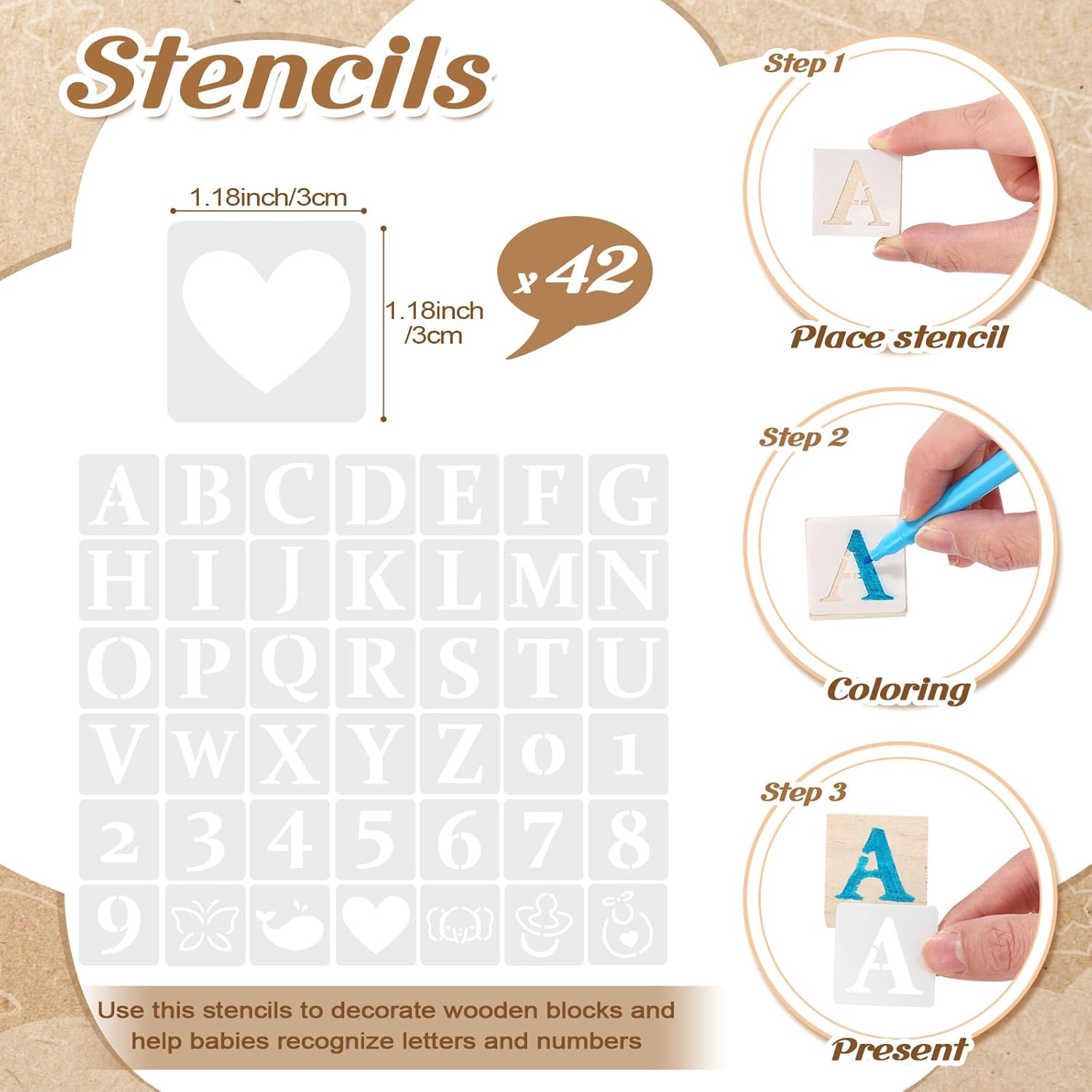 Wonderjune 147 Pcs Baby Shower Blocks Games Sets, 80 DIY Blank Wooden Block 42 Stencils 24 Watercolor Marker 1 Decorate a Block Game Sign for Gender Reveal Baby Shower Party Supplies(Kraft)