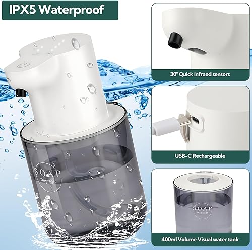 Miniatura 3 de Paquete de 2 dispensadores automáticos de jabón, dispensador automático de jabón espumoso sin contacto, dispensador eléctrico montado en la pared,