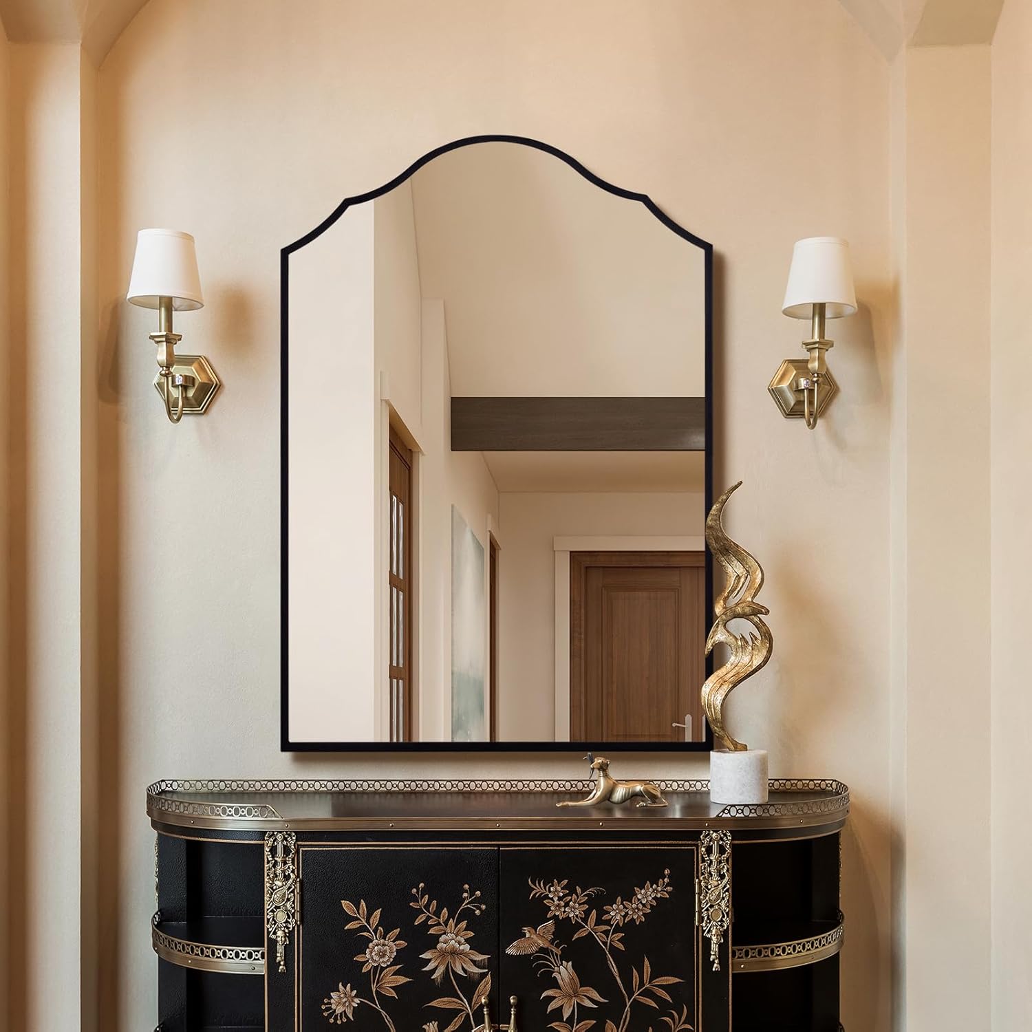 Black Arched Mirror for Bathroom, 36"x24" Bedside Mirrors for Wall with Modern Antique Metal Frame, Large Scalloped Entryway Decor