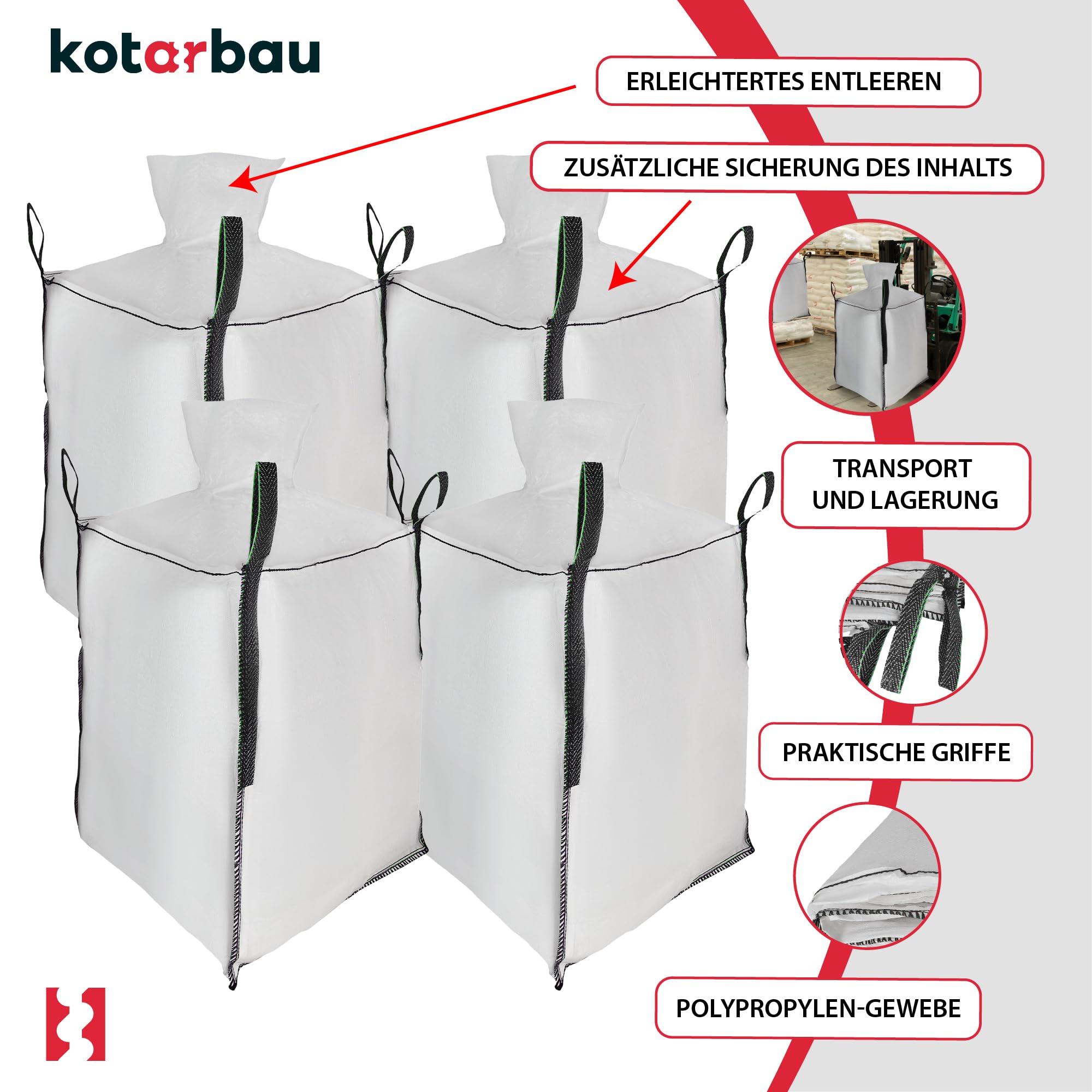 KOTARBAU® 4 St Big Bag Säcke 90x90x160cm Gartenabfallsack Stabil Schürze und Auslauftrichter 1000kg PP Schwerlastsack Gartenabfallsäcke Gartentasche Abfallsäcke Schuttsäcke Bauschuttsäcke Garten Zubeh