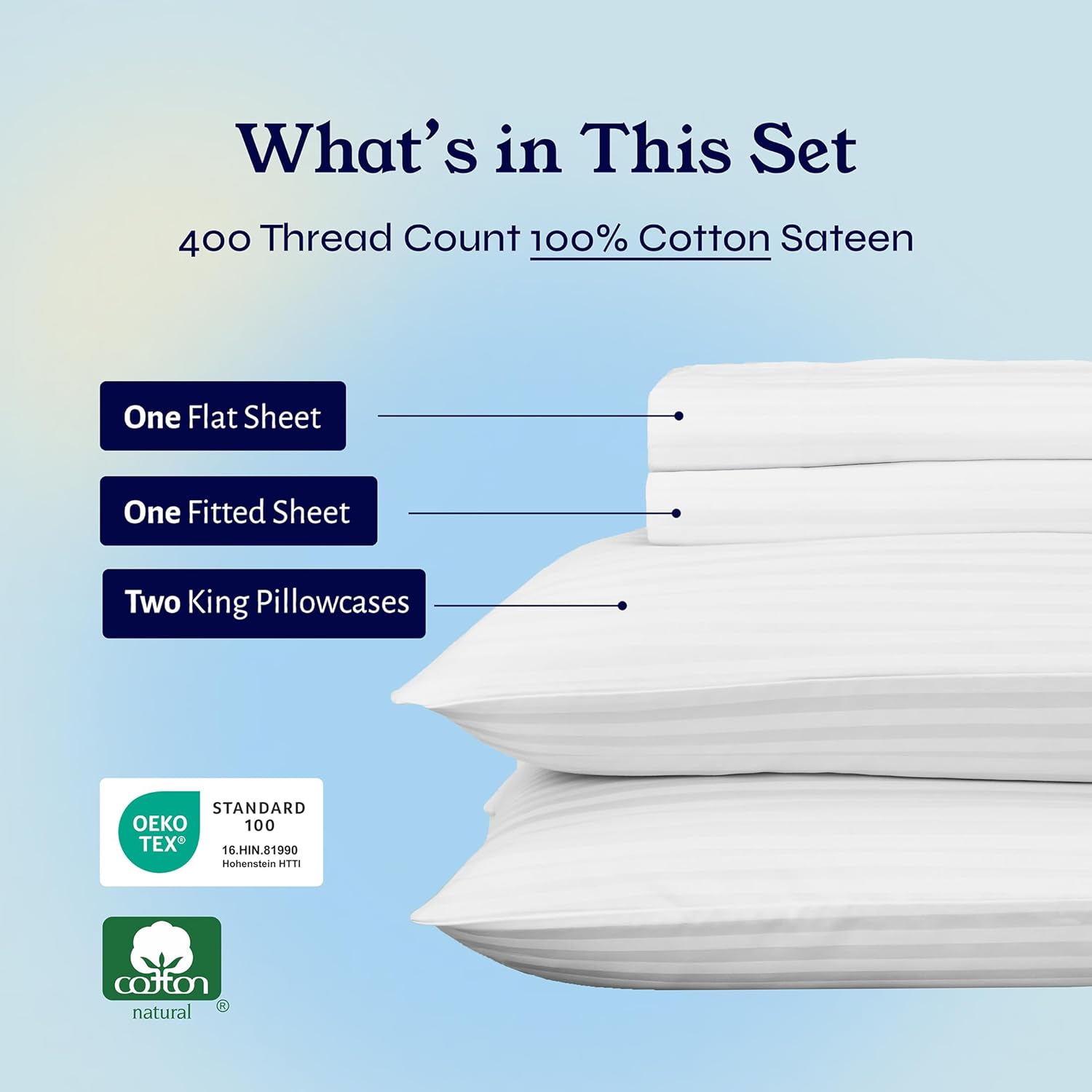 California Design Den Striped King Size Sheets Set - Soft 400 Thread Count Sateen, Natural 100% Cotton Sheets with Deep Pockets, and Durable Bedding Set - Striped White - Image 4