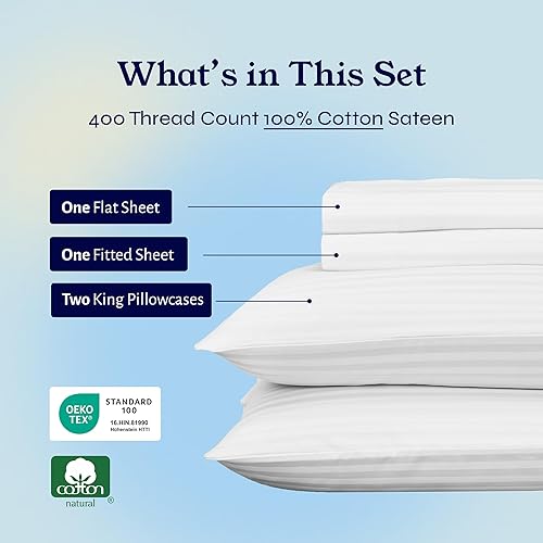 Vista 141 de Juego de sábanas de 400 hilos y 6 piezas, tamaño King, con 4 fundas de almohada, ropa de cama de 100 % algodón con tejido satinado, color azul 12