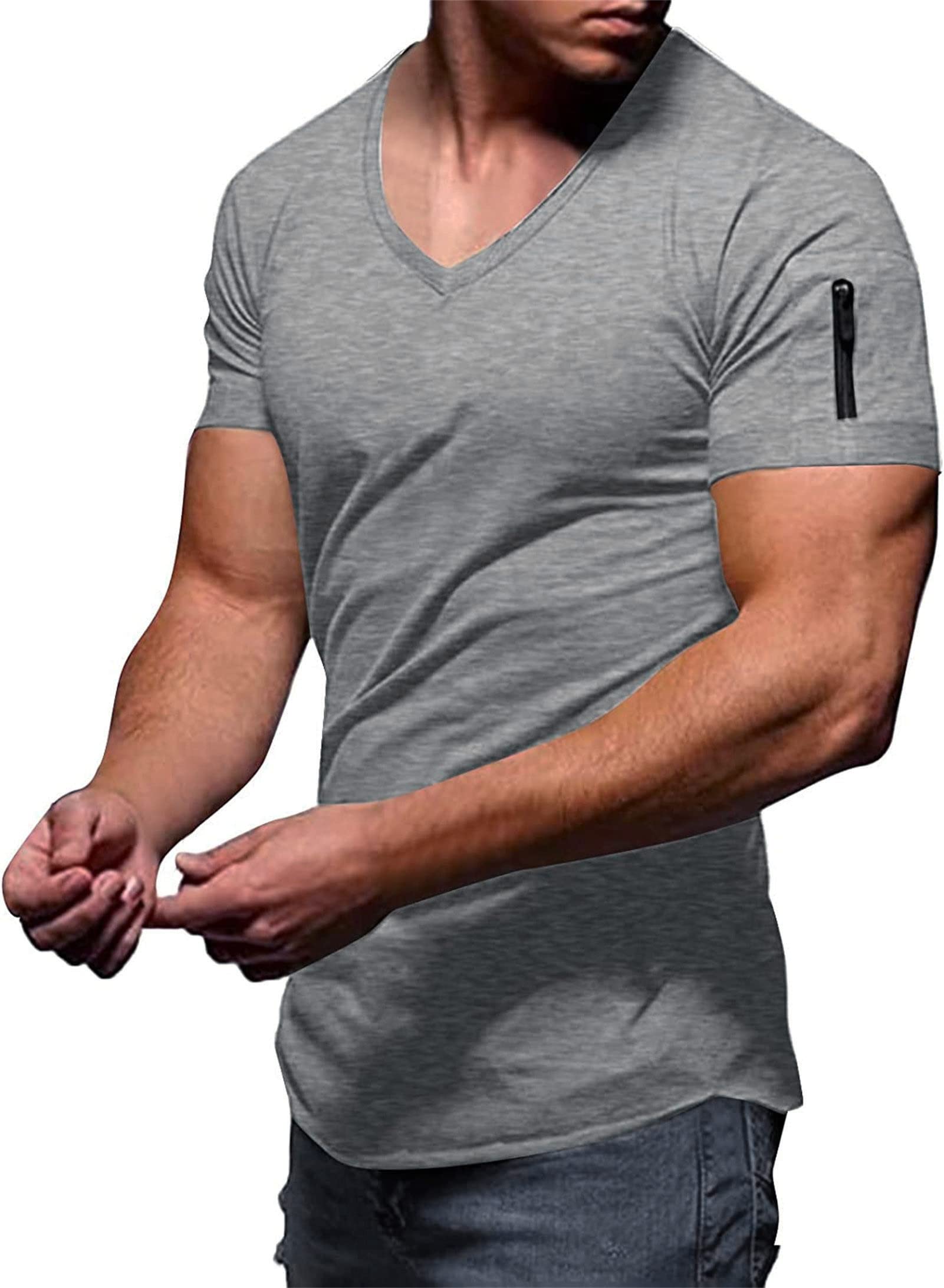 Maiyifu-GJ Men's Muscle Workout V Neck Tee Athletic Bodybuilding Short Sleeve Shirts Stretch Slim Fit T Shirts with Zipper (Dark Grey,5X-Large)