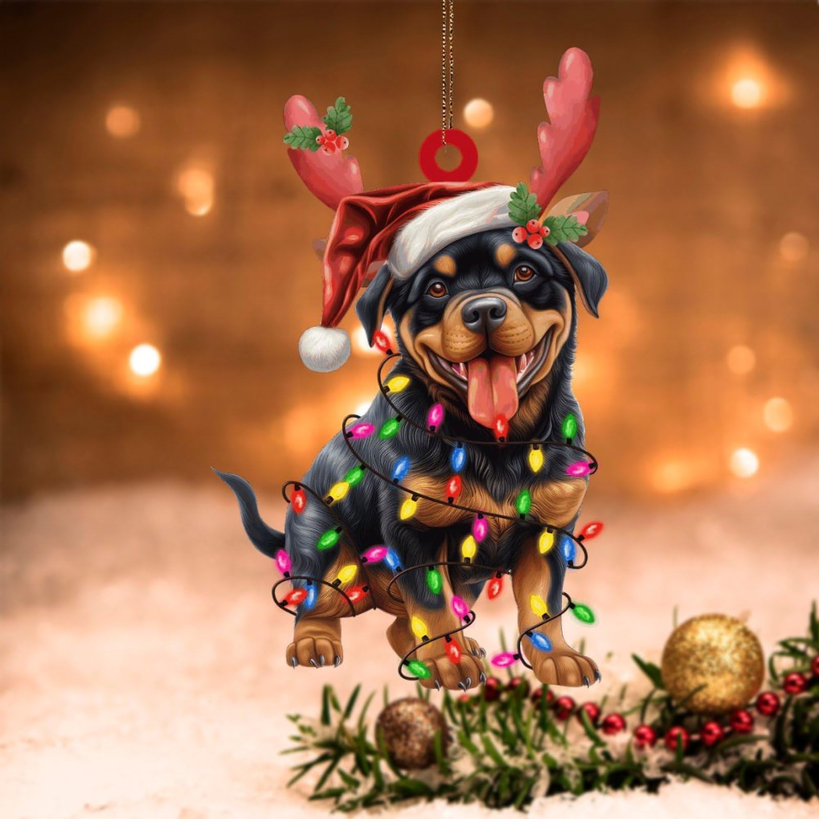 Swavecat Rottweiler 2D Ornament Dog Lanterns Christmas Antlers Acrylic Xmas Tree Ornament Christmas Ornament 3In Double-Sided Print Flat Christmas Tree Decoration Keepsake