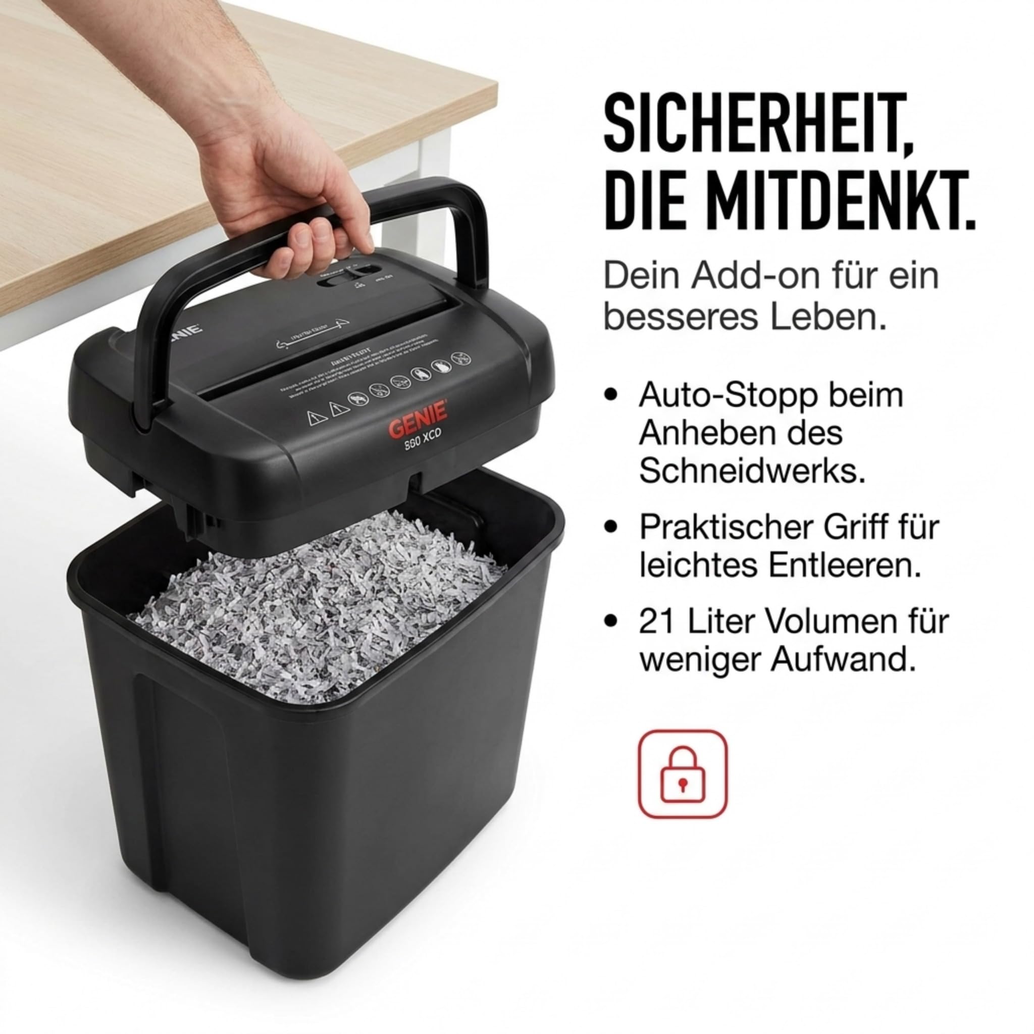 Genie 580 XCD Aktenvernichter; bis zu 10 Blatt; Partikelschnitt (Sicherheitsstufe P-4); mit CD - Shredder; inkl. Papierkorb; schwarz, 350 x 215 x 450 mm