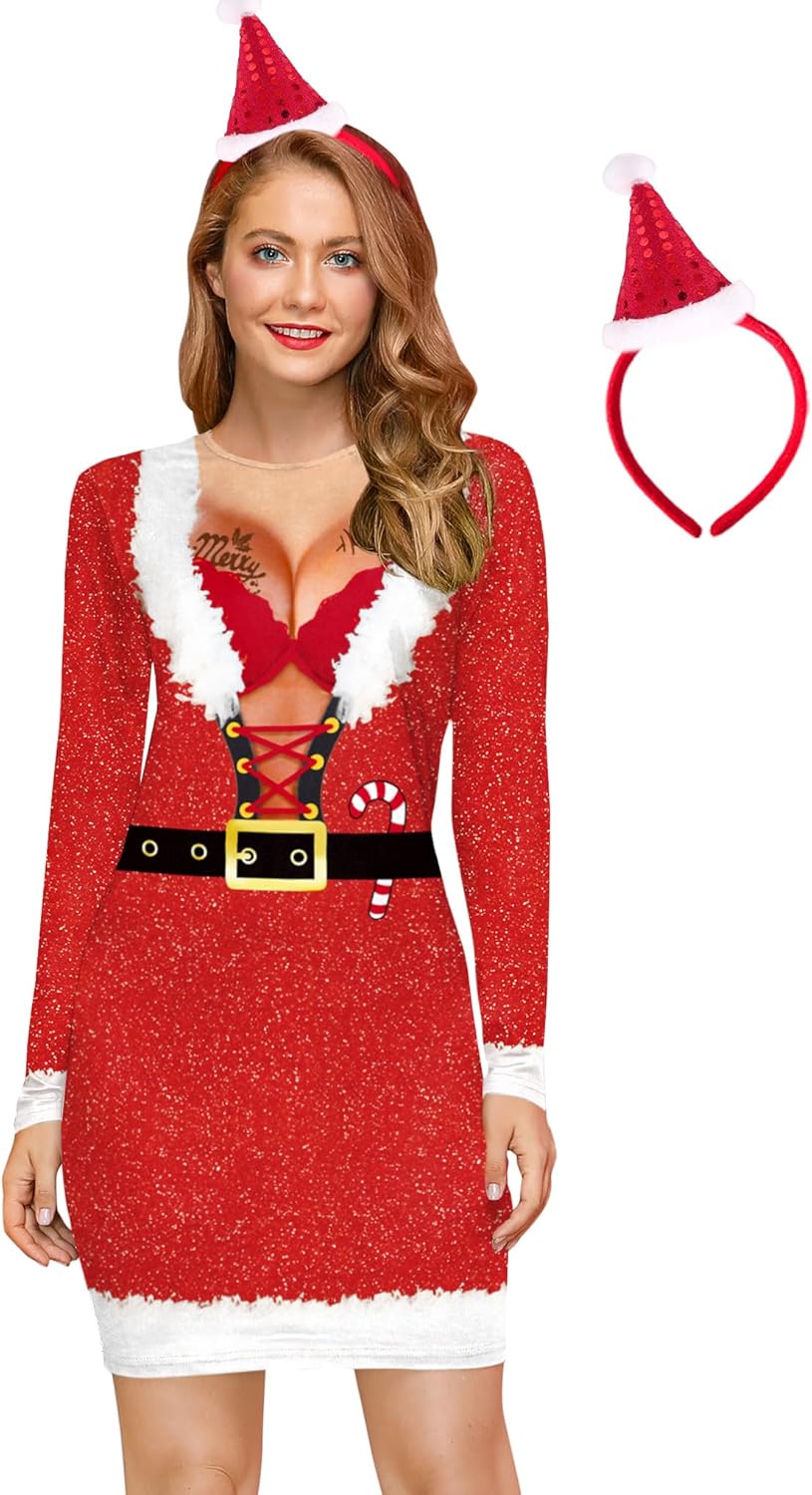 For G and PL Women's Christmas Long Sleeve Bodycon Ugly Print Dress with Hair Band