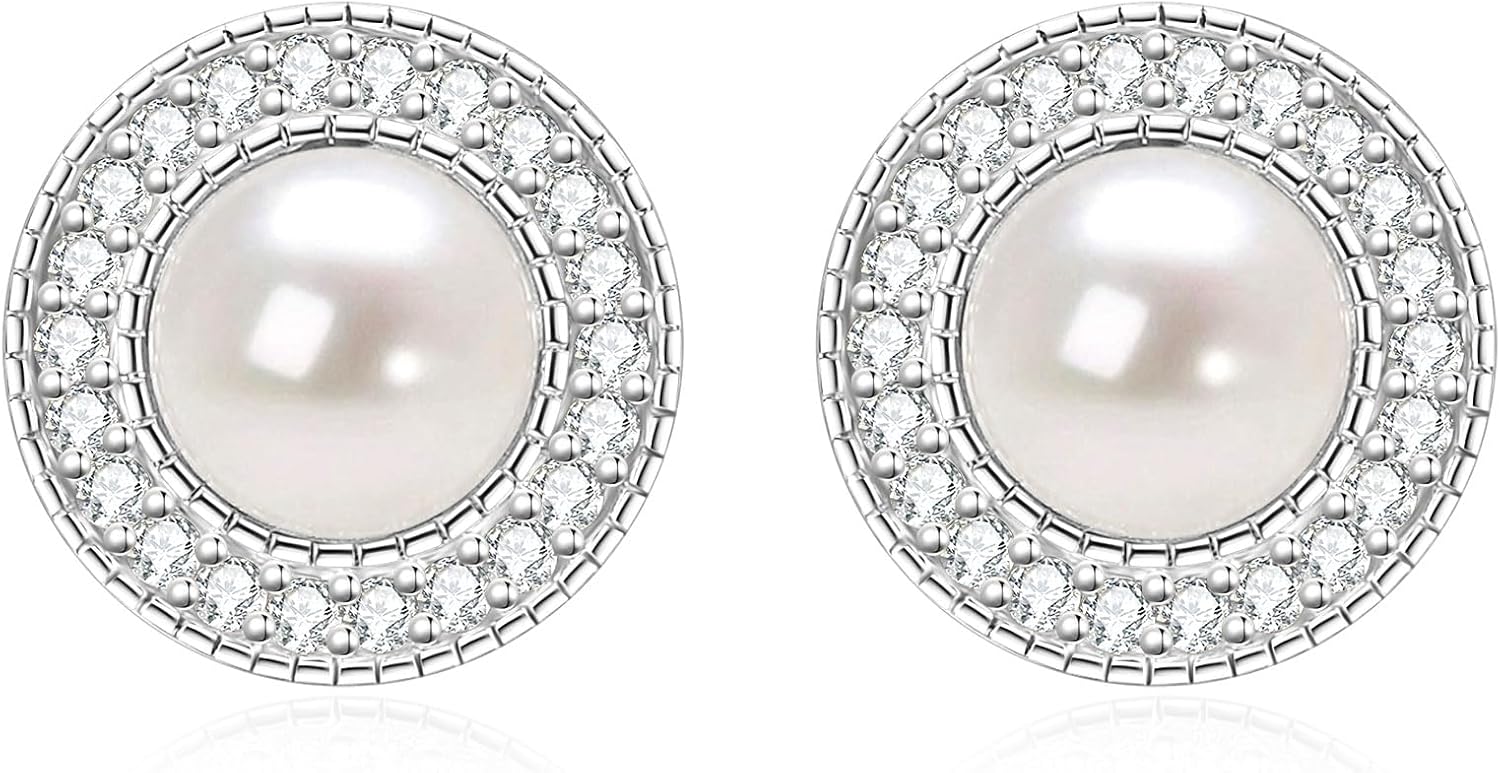 Pearl Earrings for Women, 925 Sterling Silver Freshwater Cultured Pearls CZ Stud Earrings Jewelry Gifts for Wife Mom