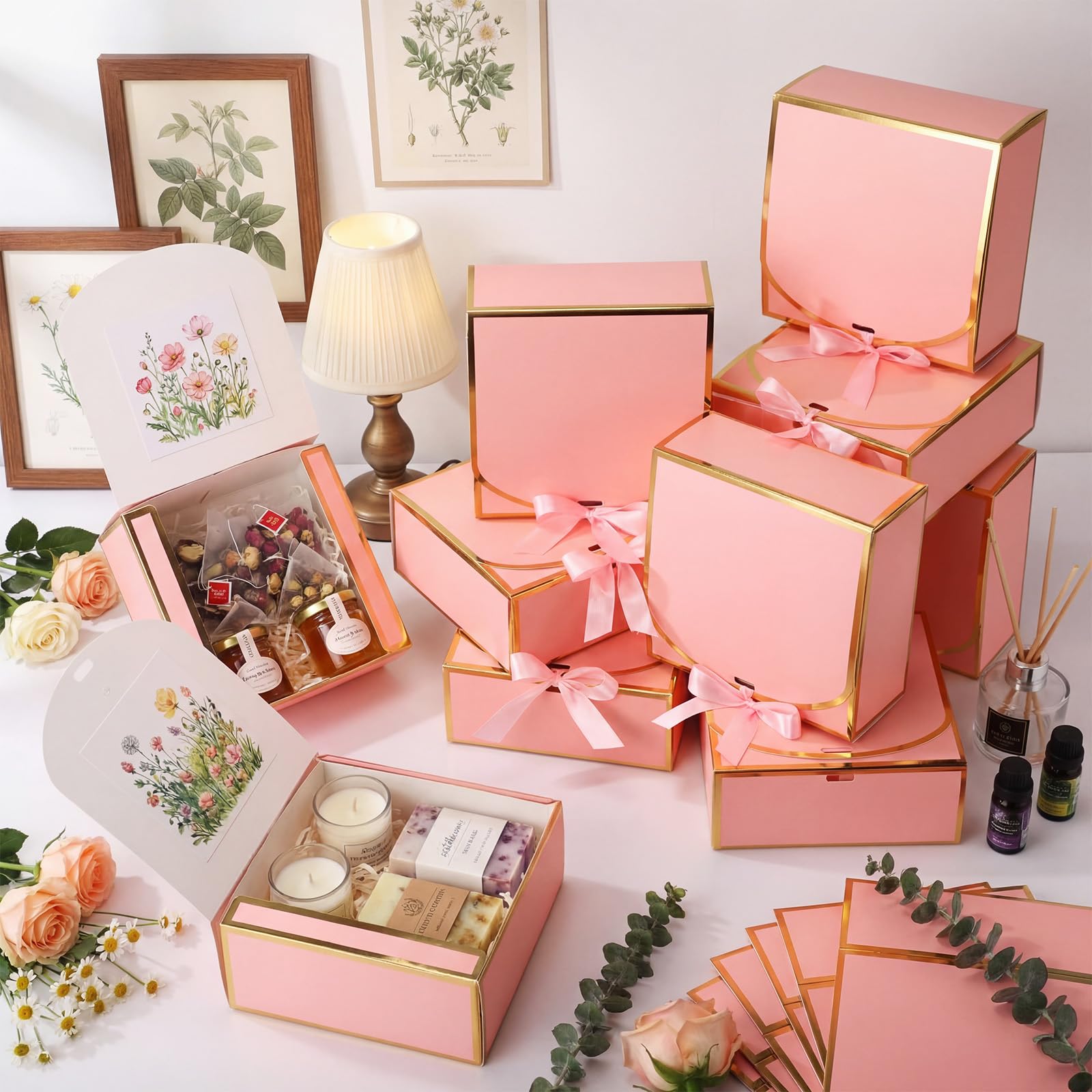 Jaloro 16 Pack Pink Gift Boxes with Lids, 7x7x3 Inch Bridesmaid Proposal Box with Ribbons for Present Wedding, Birthday, Anniversary, Mother's Day, Graduation, Baby Shower, Cupcake Packaging
