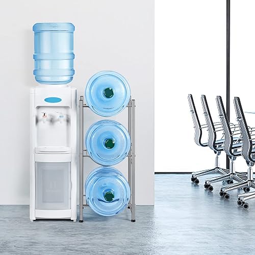 Miniatura 7 de MOOACE Estante para jarra de agua de 3 niveles, soporte desmontable para botellas de agua de 5 galones, estante de almacenamiento, color plateado