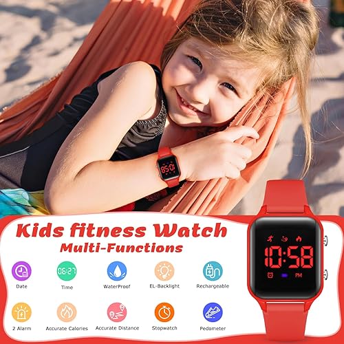 Miniatura 6 de L LAVAREDO Relojes digitales impermeables para niños y niñas, reloj deportivo con podómetro, cronómetro, alarma de vibración para edades de 5 a 13