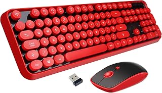 Red Color Keyboard and Mouse Wireless,Retro Typewriter Style Round Keys