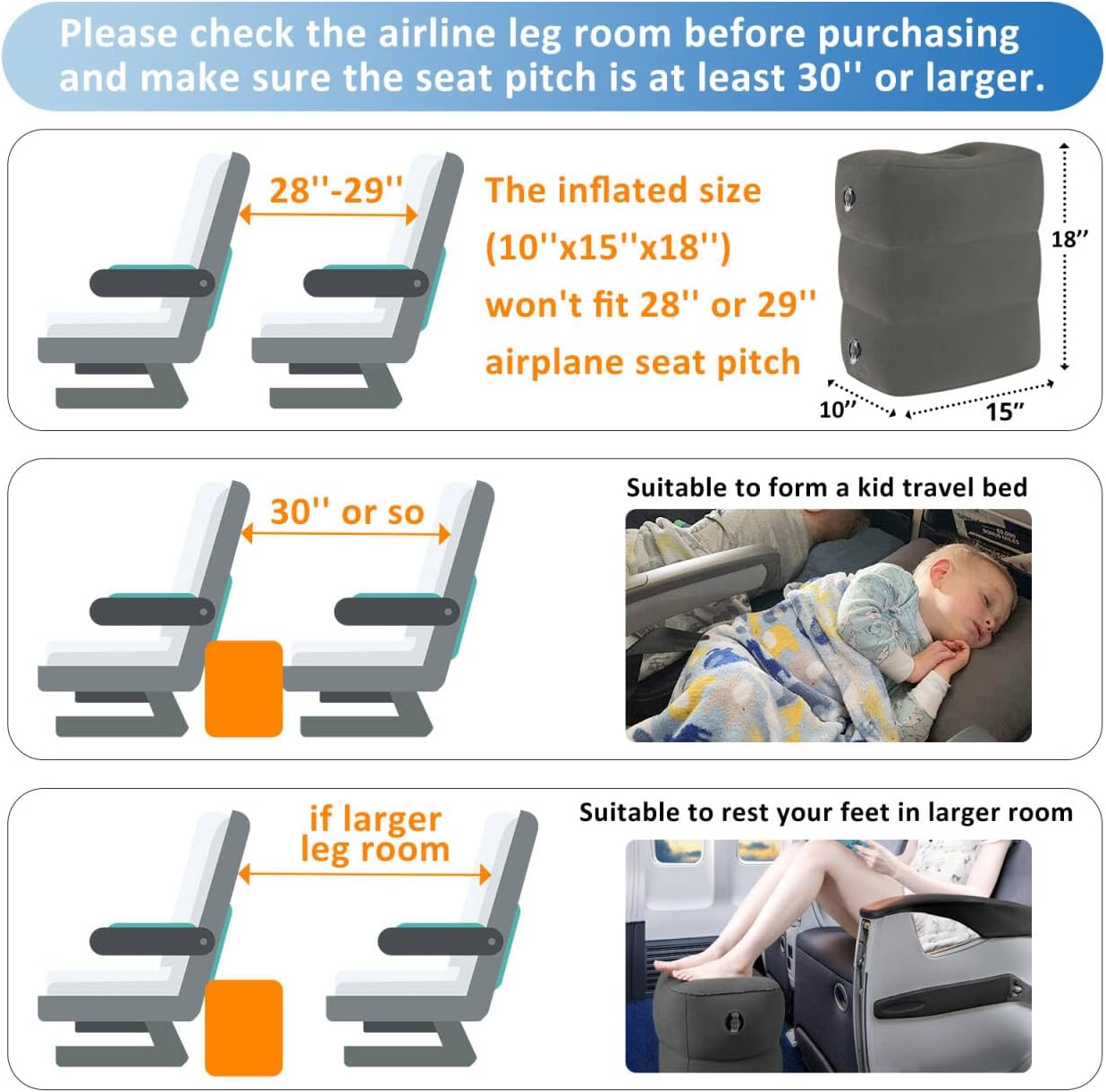 Inflatable Airplane Foot Rest Pillow - Travel Foot Rest for Long Flights, Car Seat Foot Rest for Kids Airplane Seat Extender Bed for Toddler, Blow up Plane Footrest with Easy-Carry Strap, Gray 2 Pack