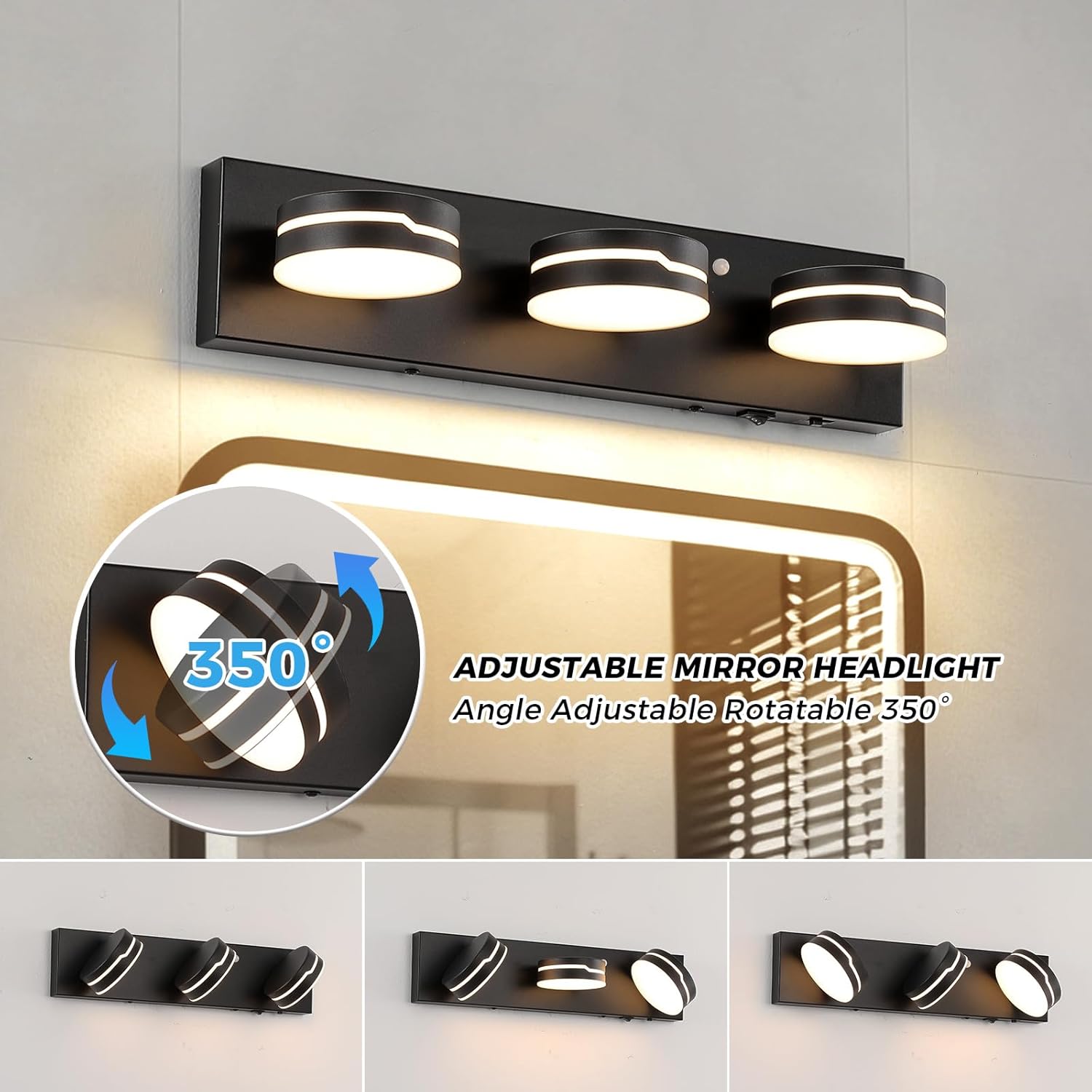 led modern bathroom lights fixtures 3-light motion sensor vanity light matte black acrylic wall lighting,3cct vanity lamp for bathroom over mirror with 350°rotatable acrylic heads black 18.90inch