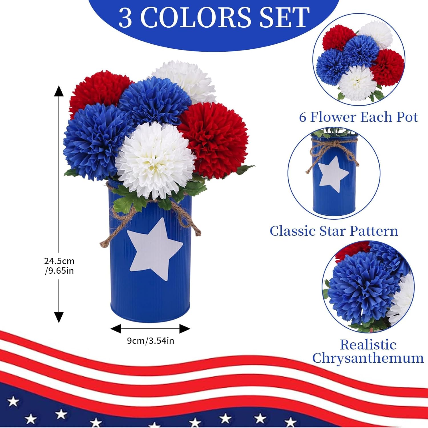 Zythrem 3 PCS Red White and Blue Artificial Chrysanthemu Flowers in Vase Patriotic Centerpieces for Tables 4th of July Table Centerpiece Decoration for Memorial Day Independence Day Office Home