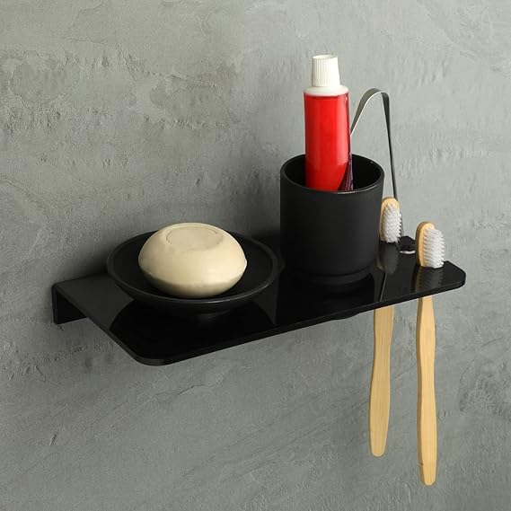 WSK Acrylic Soap Dish with Tumbler Toothbrush Holder Stand for Bathroom with Removable Drain Tray and Glass for wash Pack of 1 Pcs (Black)