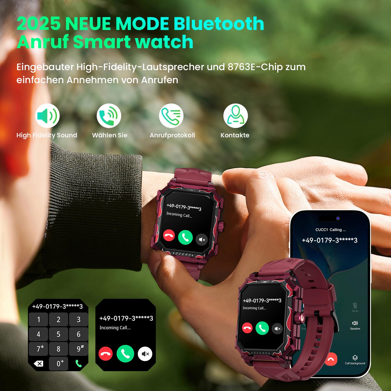 Smartwatch męski z funkcją telefonu 1,96", wojskowy smartwatch 680 mAh, tracker aktywności fizycznej, IP69, wodoszczelny, zegarek sportowy, Smart Watches z monitorem tętna, monitorem snu, do systemu