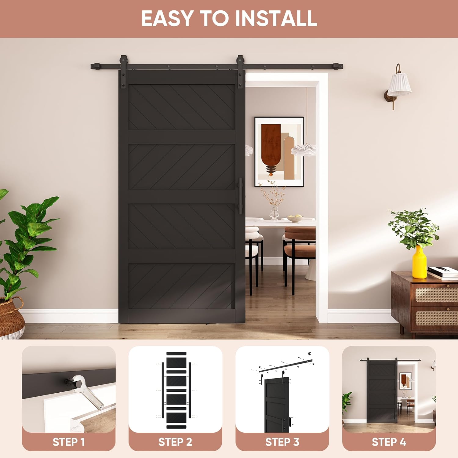 Four-step visual guide for installing the JUBEST Sliding Barn Door: Step 1 shows track mounting, Step 2 shows door panel assembly, Step 3 shows hanging the door on the track, and Step 4 shows the completed installation.
