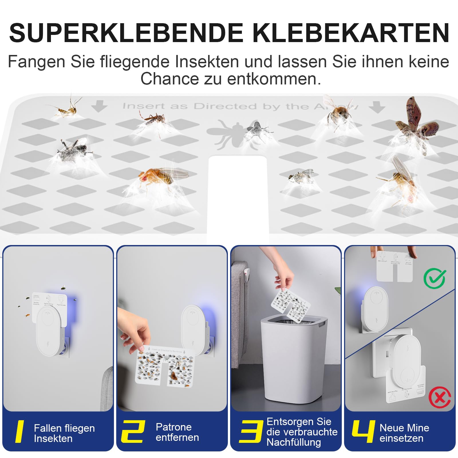 2 Fliegenfalle Innenbereich,Steckdose Fruchtfliegenfalle,Fruchtfliegenfallen für den Innenbereich mit LED-Beleuchtung, geräuschlos,inklusive 12 Klebekarten und 4 Mini-Fruchtfliegenfallen