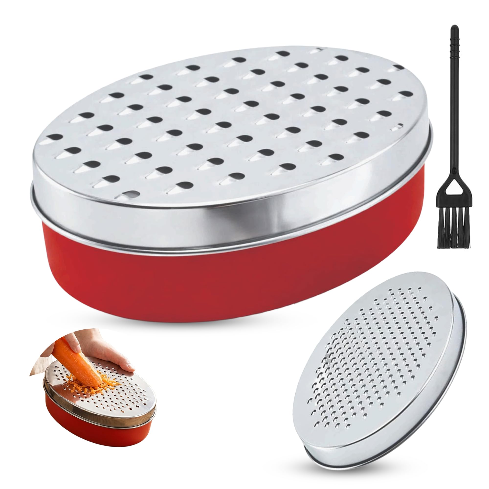 EVOKK Box Cheese Grater with Container, Brush & Lid – Kitchen Grater with 2 Interchangeable Blades (Fine & Coarse), Stainless Steel Vegetable & Cheese Shredder (Red, Pack of 1)