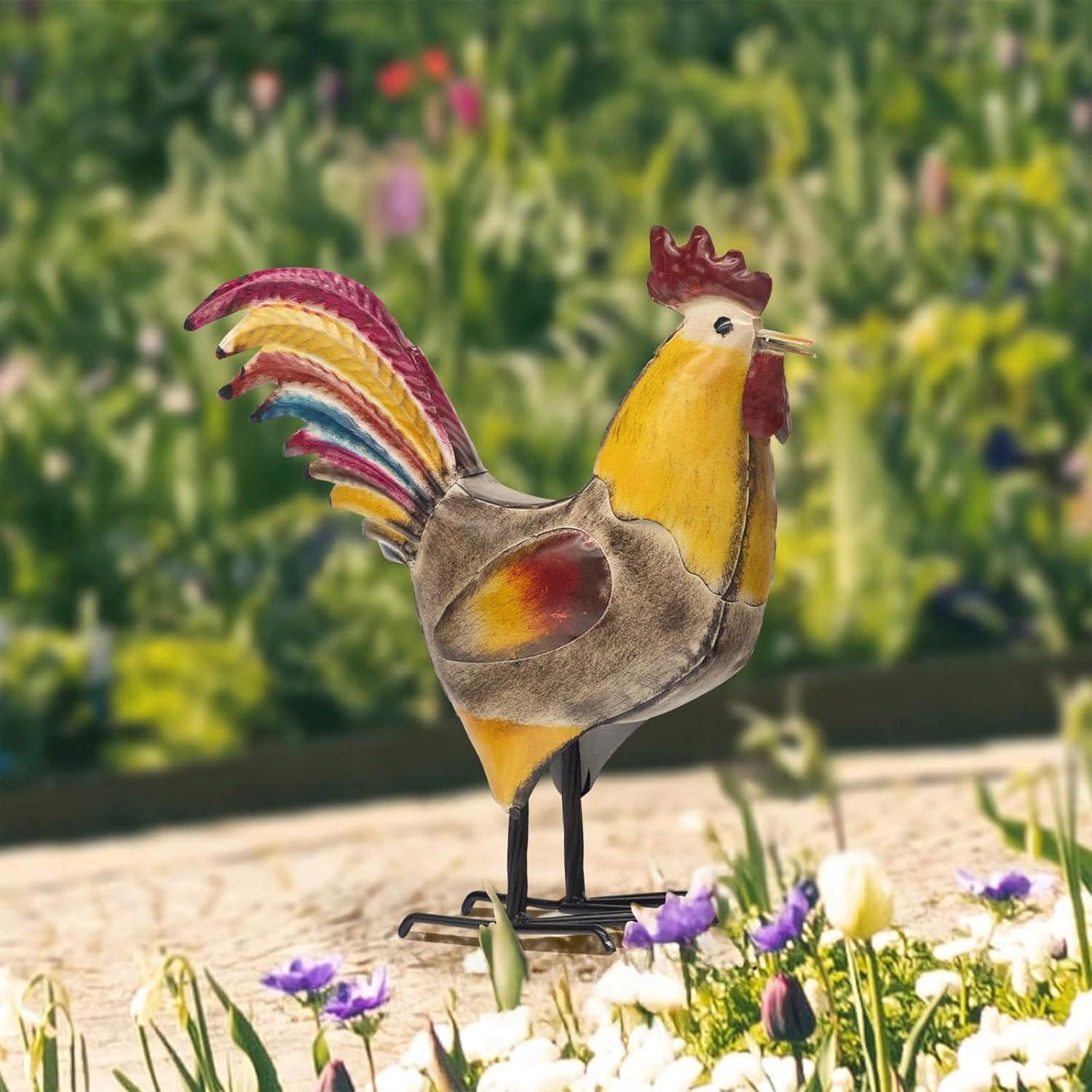 MODE HOME Set of 2 Rustic Metal Rooster & Hen Figurines, Hand-Painted Farmhouse Chicken Decor, Waterproof Indoor Outdoor Yard Garden Statues for Kitchen, Patio & Home Decor