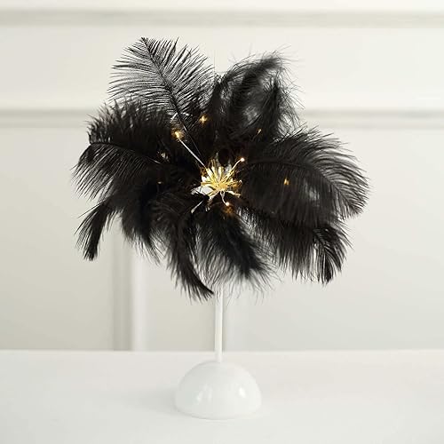 Miniatura 5 de Efavormart - Lámpara de mesa LED de plumas de avestruz negra de 15 pulgadas, funciona con pilas, centro de mesa de boda inalámbrico