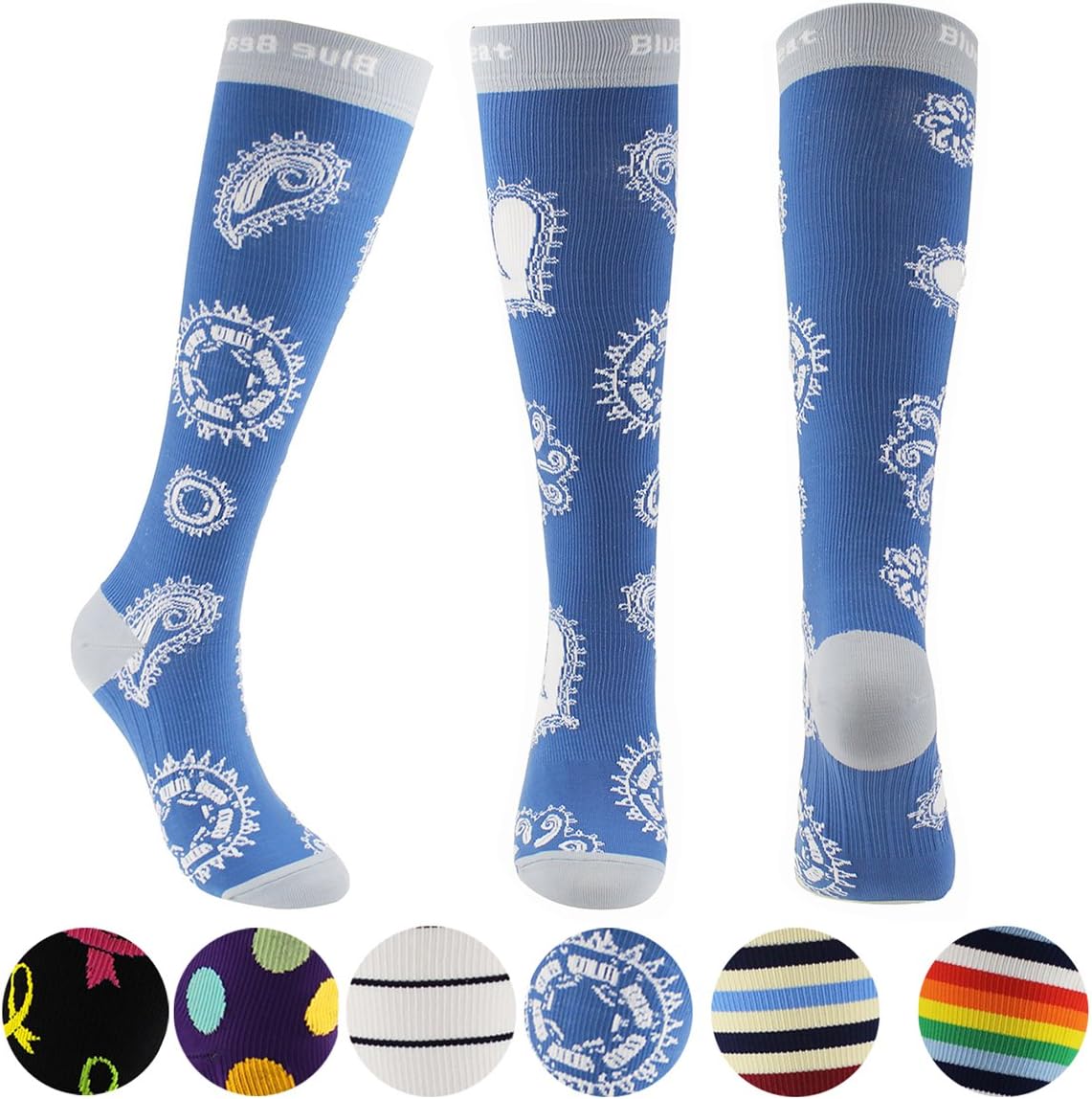 Blue Beat Floral Graduated Compression Socks for Women for Flight Travel, Running, Fitness, Nursing and Pregnancy- 15-20 mmHg
