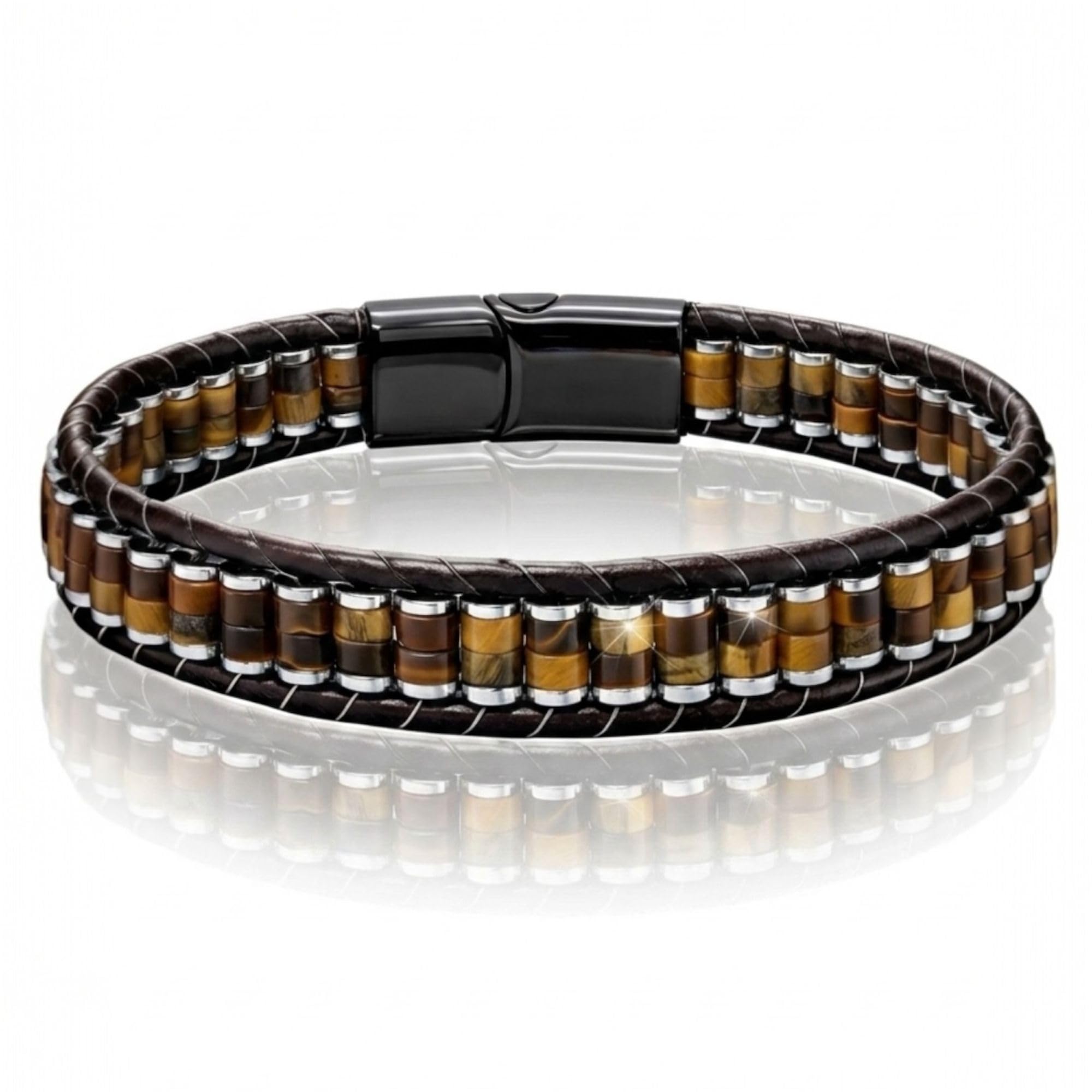 Bracelet Œil de Tigre Homme - Bracelet en Pierre Naturelle pour Homme - LesBacos Bijoux Masculins avec Détails en Cuir, Fermoir Magnétique Noir Brillant