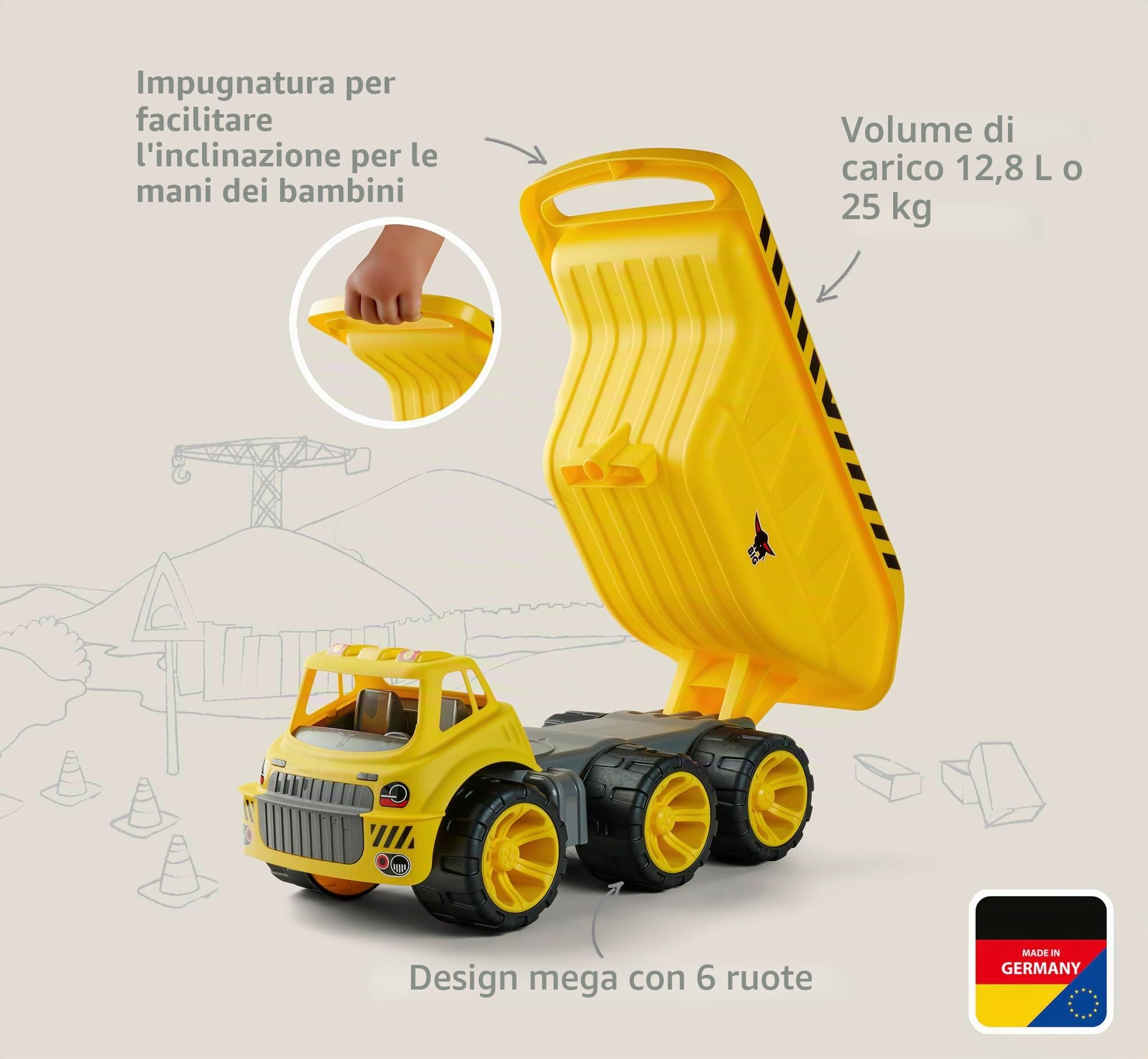 Big Power Worker Mega Kipper (65 cm) – Camion ribaltabile XXL con grande cassone ribaltabile (spazio per 12,8 l) e 6 pneumatici per interni ed esterni, veicolo da cantiere per bambini dai 2 anni in su