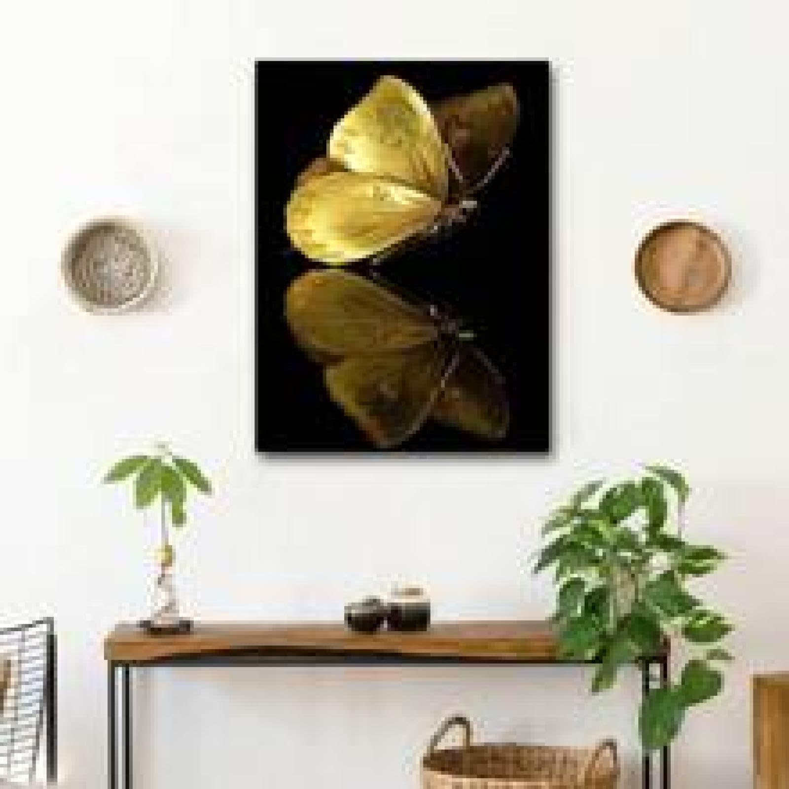 XINBAO Arte de pared con reflejo de mariposa, impresión de mariposa amarilla, impresiones artísticas en lienzo, carteles de animales para sala de estar, carteles de pintura de 70 x 90 cm con marco