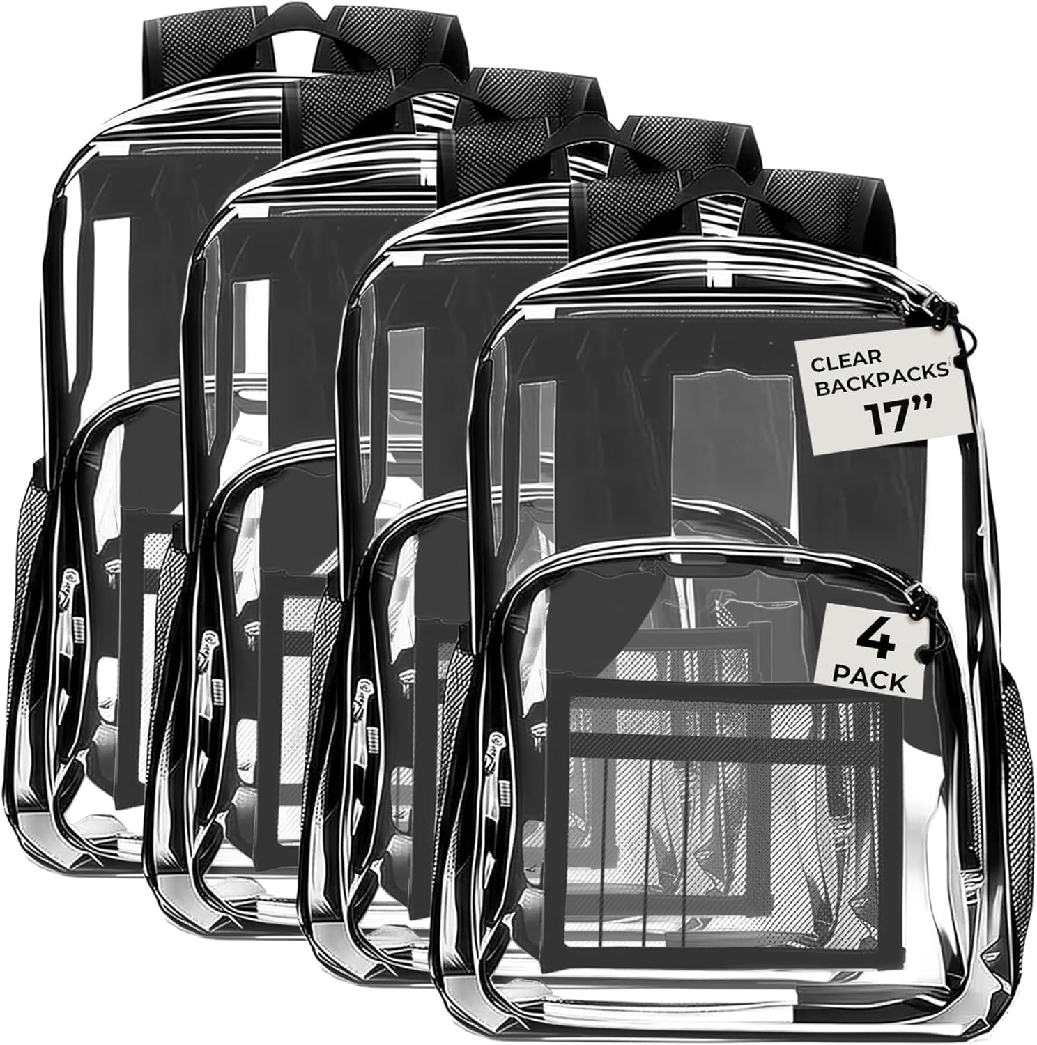 E-CLIPS USA Clear Backpack For School Clear Bag For Stadium Events Heavy Duty Backpack See Through Bag (16” x 12”) (4 Pack)