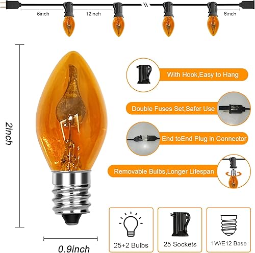 Miniatura 5 de Guirnalda de luces de Halloween naranja llama transparente de 25 pies C7 para Halloween naranja al aire libre con 25 bombillas de llama naranja