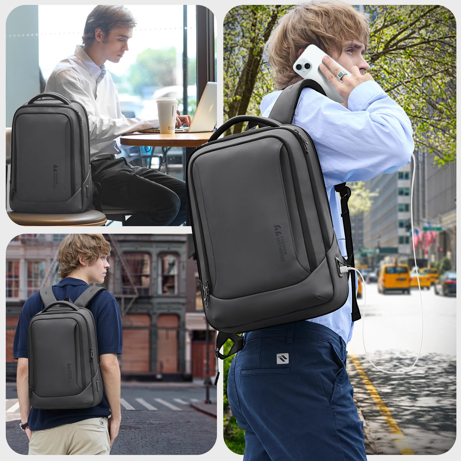 hk Zaino per laptop da uomo con porta di ricarica USB, impermeabile, per computer da 15,6 pollici, resistente, high-tech, zaino casual per lavoro, università, weekender, viaggi, grigio scuro, grigio
