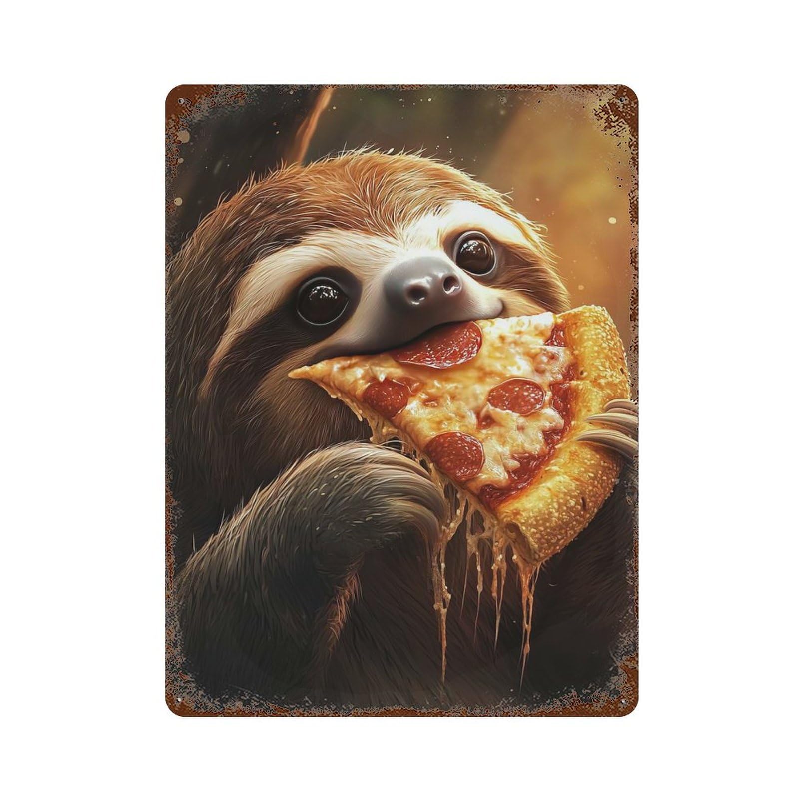 Sloth Eating Pepperoni Salami Pizza Rustic Tin Plaque 15.7"x11.8", for Shed, Workshop And Garage Wall Decor, Rustic Home Decor