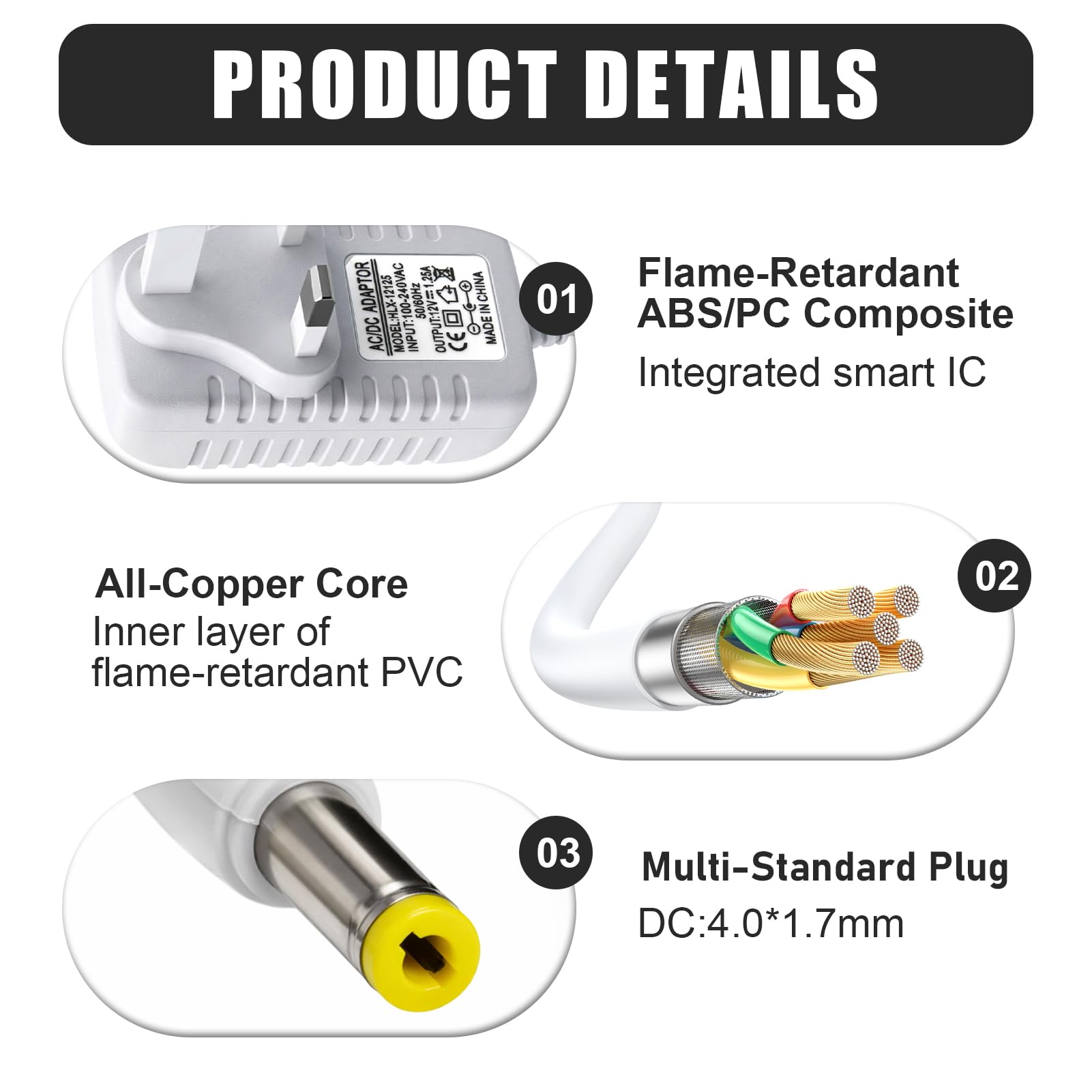 12V 1.25A 15W Power Supply Charger 4.0 * 1.7mm Power Cable Compatible with E-cho Dot (3rd/5rd/4th/1st Gen) 3/4 Gen E-cho Kids Edition 3/4 Gen Show 5(1/2Gen) Spot Fire TV Cube 2M/6.6FT Cord White — view 4